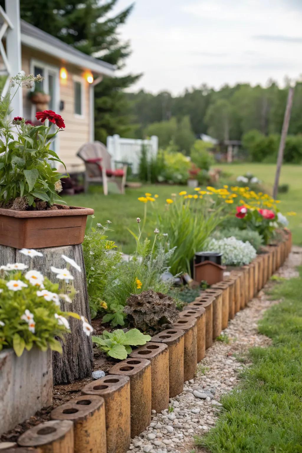 Repurposed materials offer unique and sustainable edging solutions.