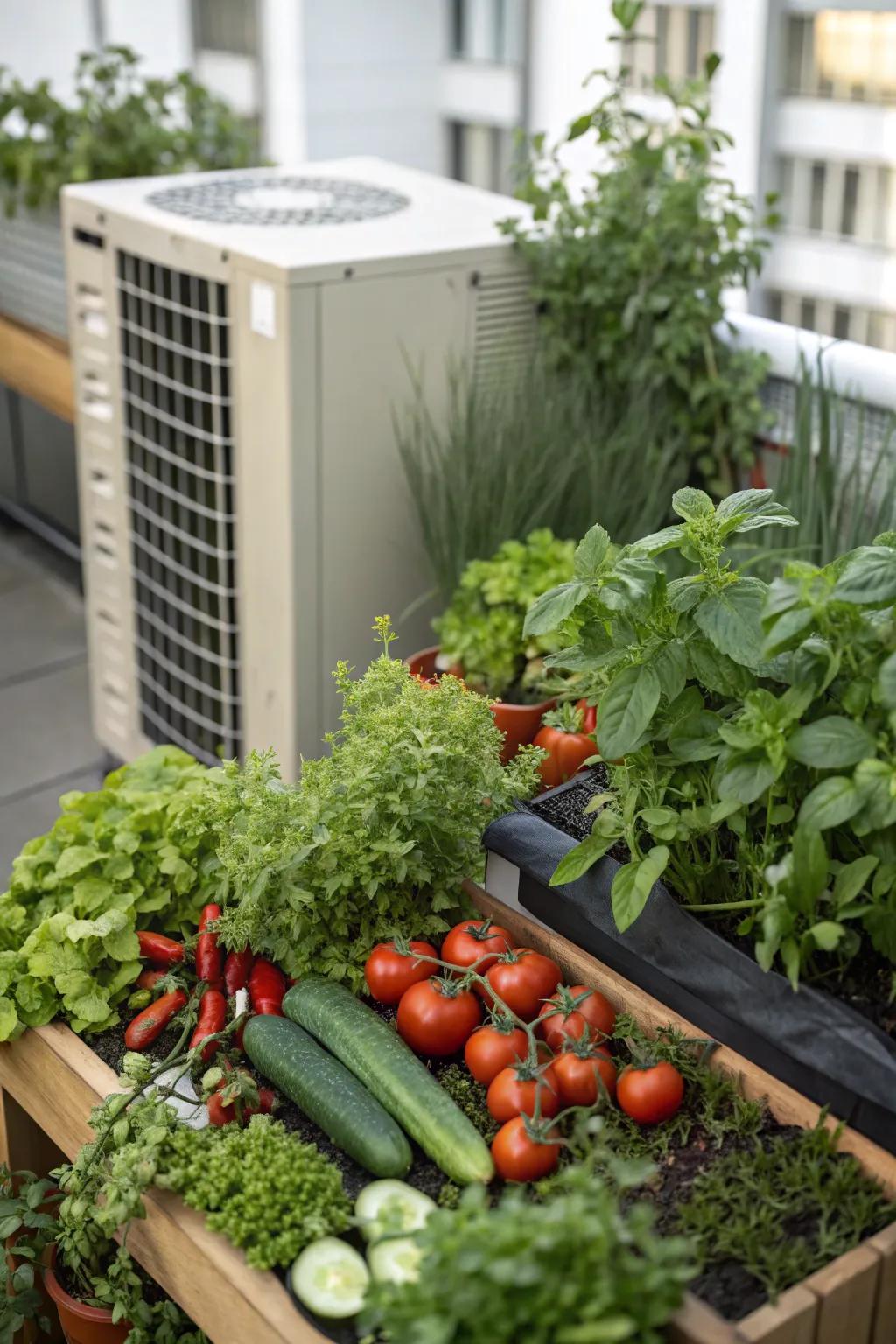 Edible plants offering a functional and fresh approach to concealing an AC unit.