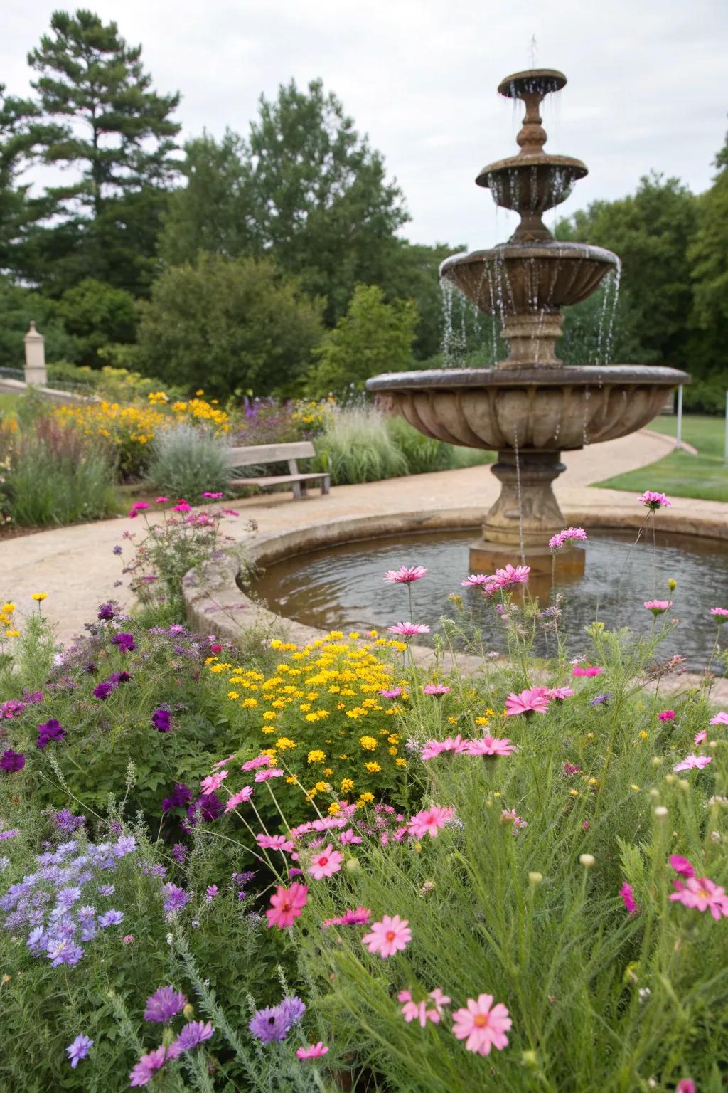 A charming wildflower border enhancing a garden fountain.