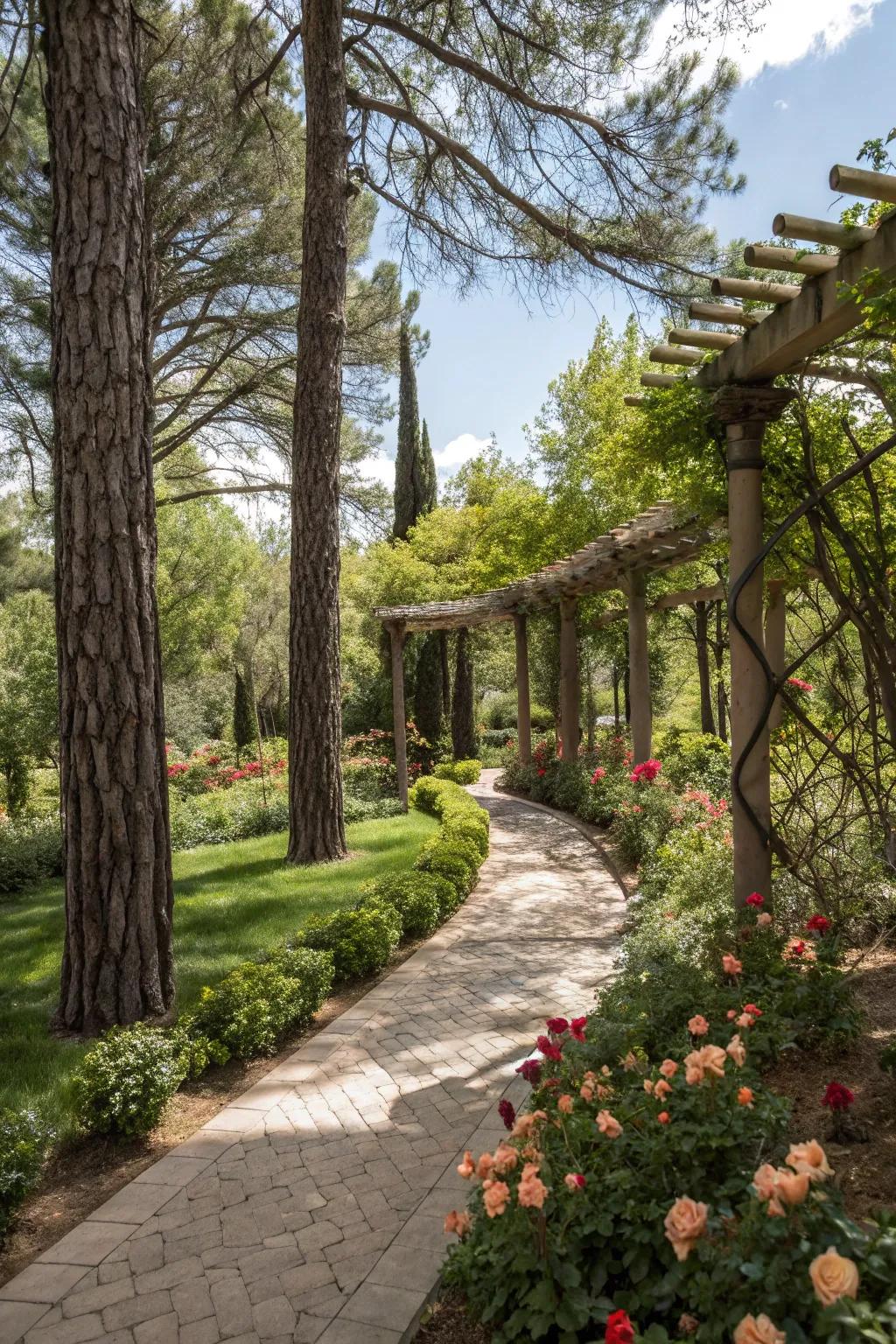 A serene garden haven with natural shade and a cozy atmosphere.