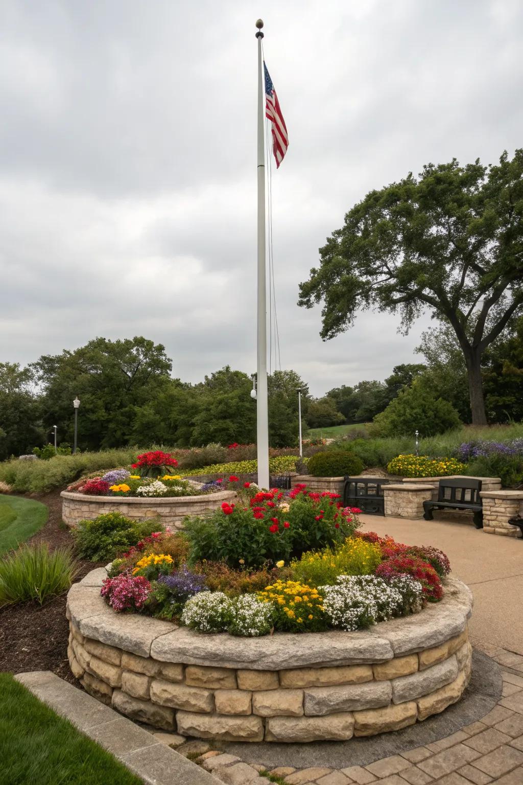 Raised beds add height and interest around the flagpole.