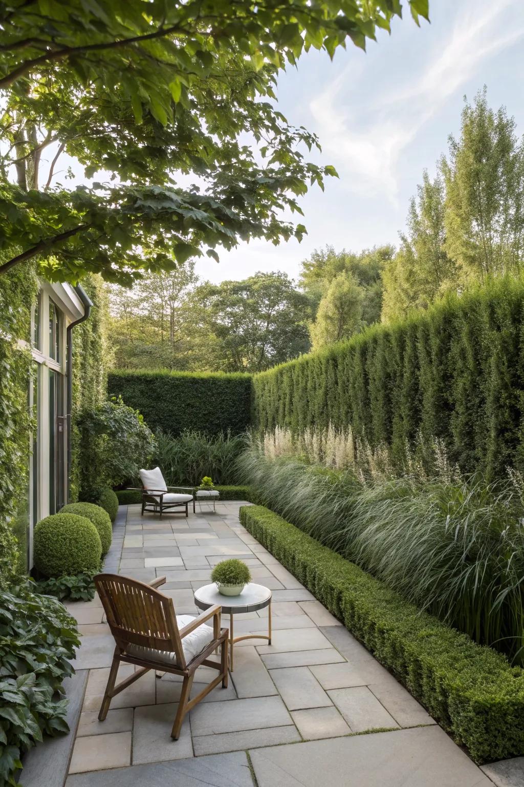 Tall plants and hedges create a secluded patio space.