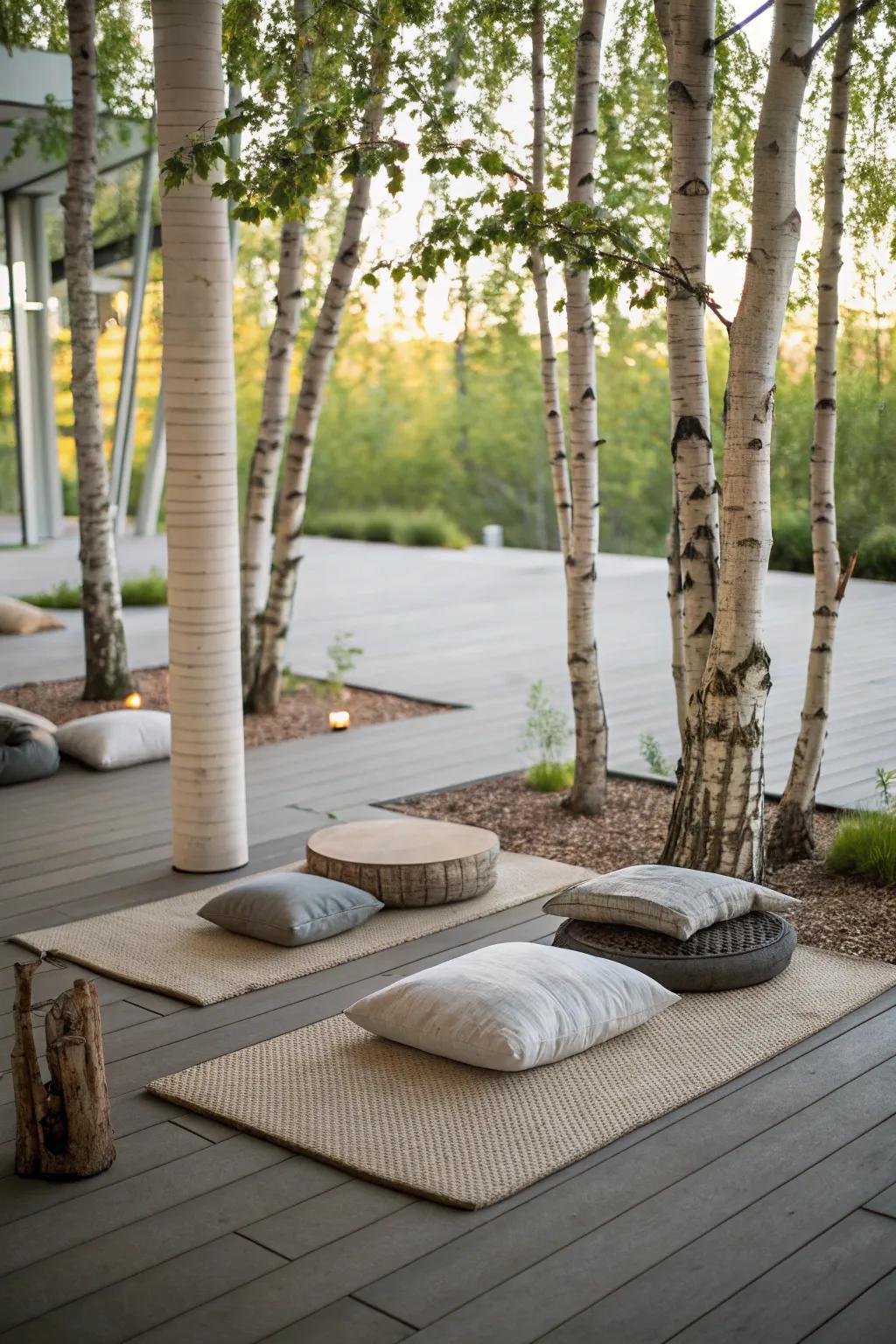 A meditation area offers tranquility and connection with nature under birch trees.