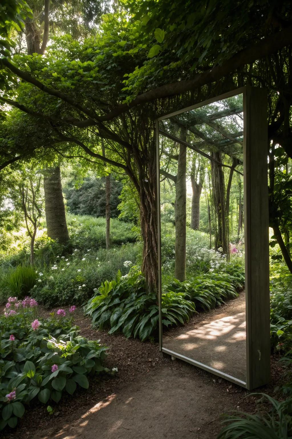 Reflective surfaces brighten and enliven shaded garden spaces.