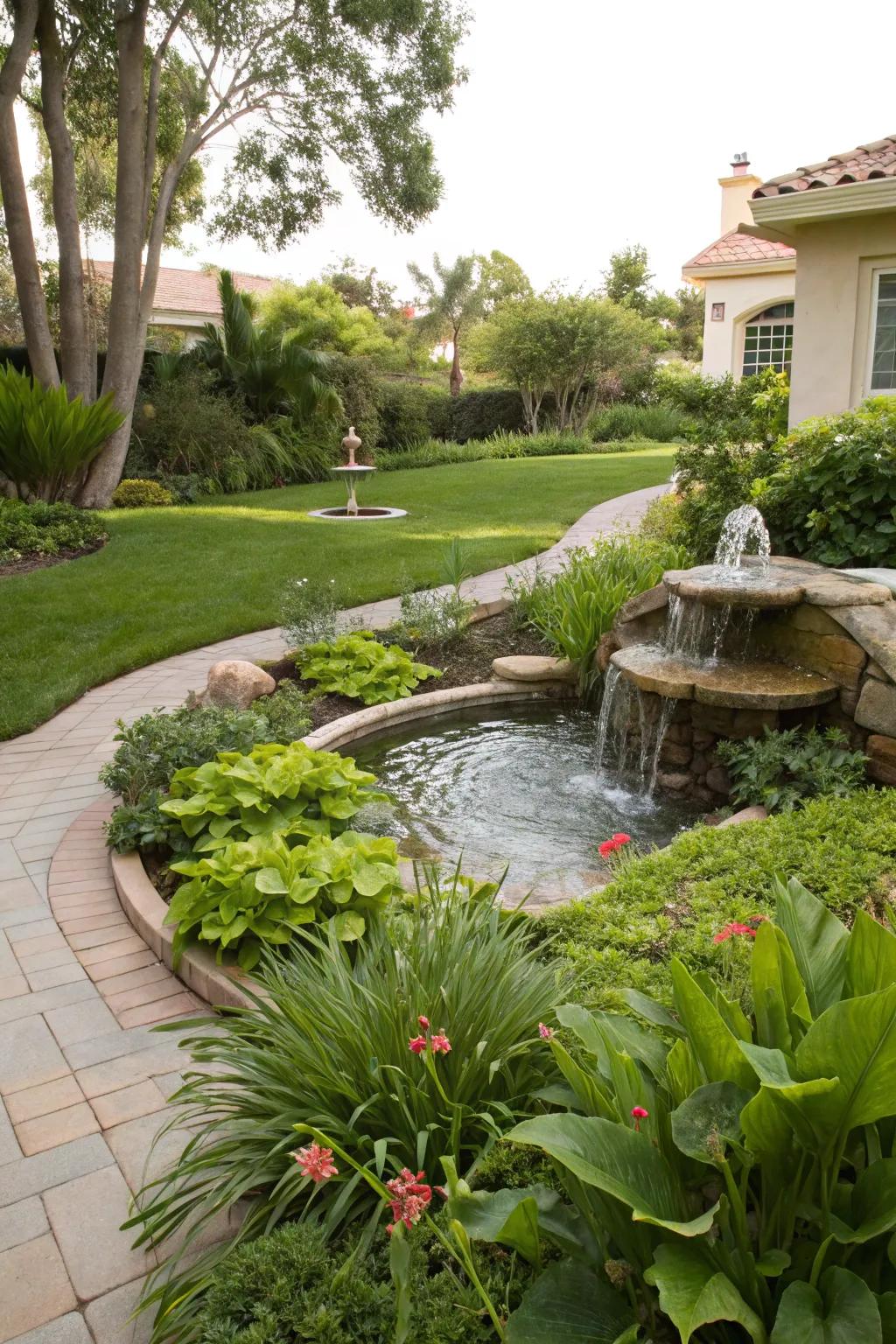 A calming water feature creates a peaceful atmosphere in this front yard.