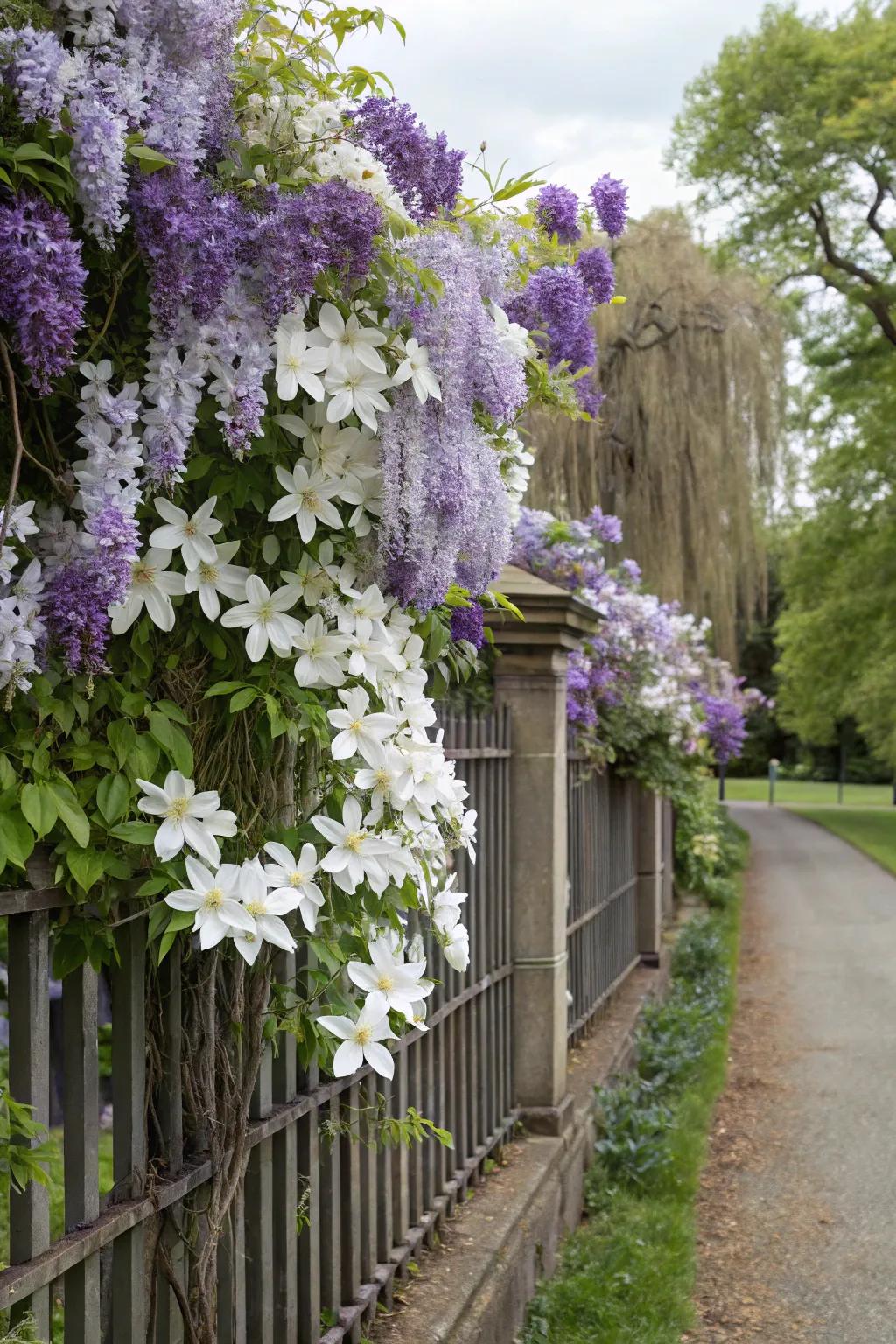 Blooming perennial vines add charm and color to the fence.