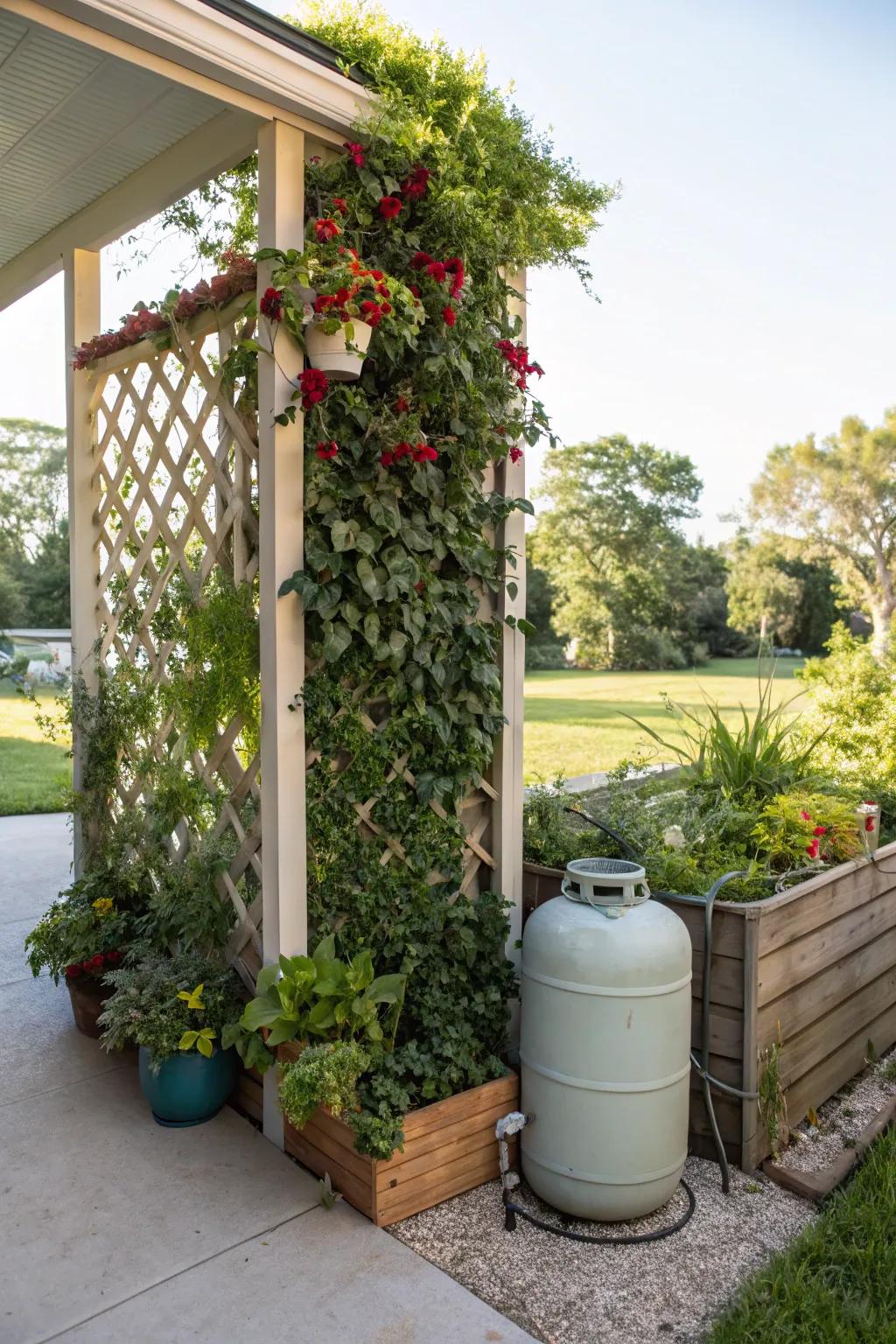 Vertical gardens provide a lush, green solution for concealing propane tanks.