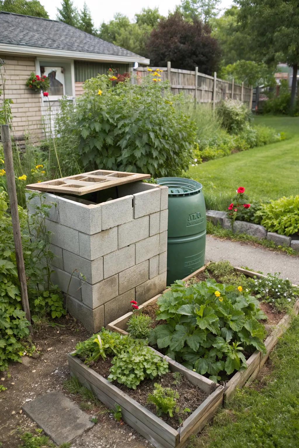 A sustainable compost bin constructed with cinder blocks.