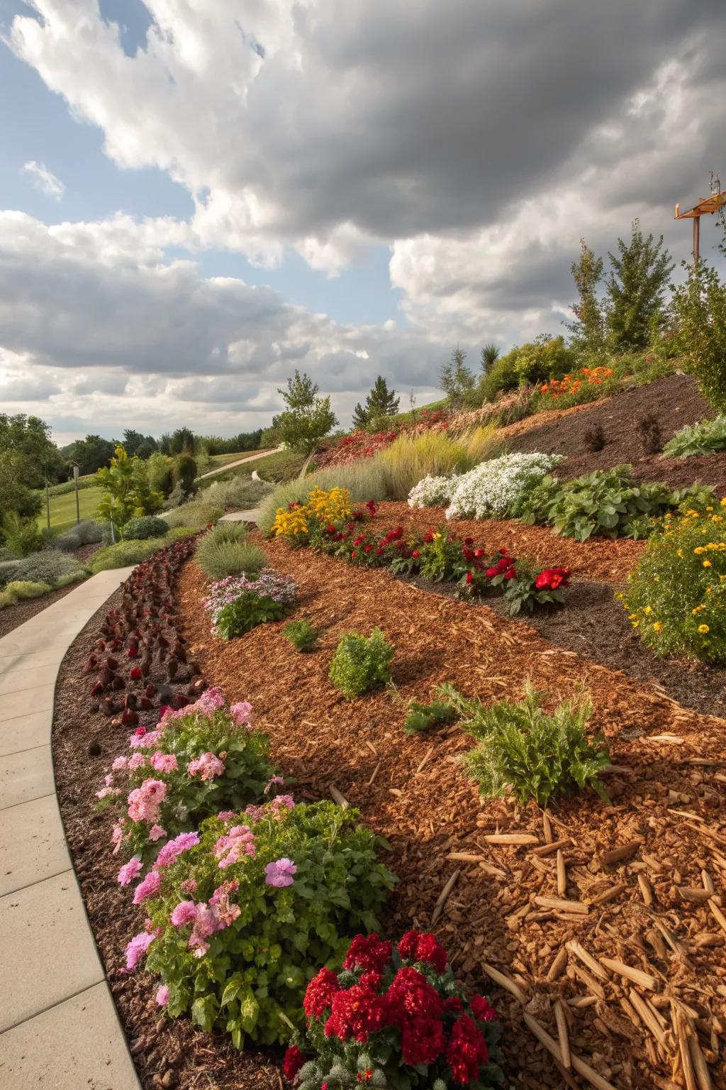 Adding depth to garden beds with mulch layers.