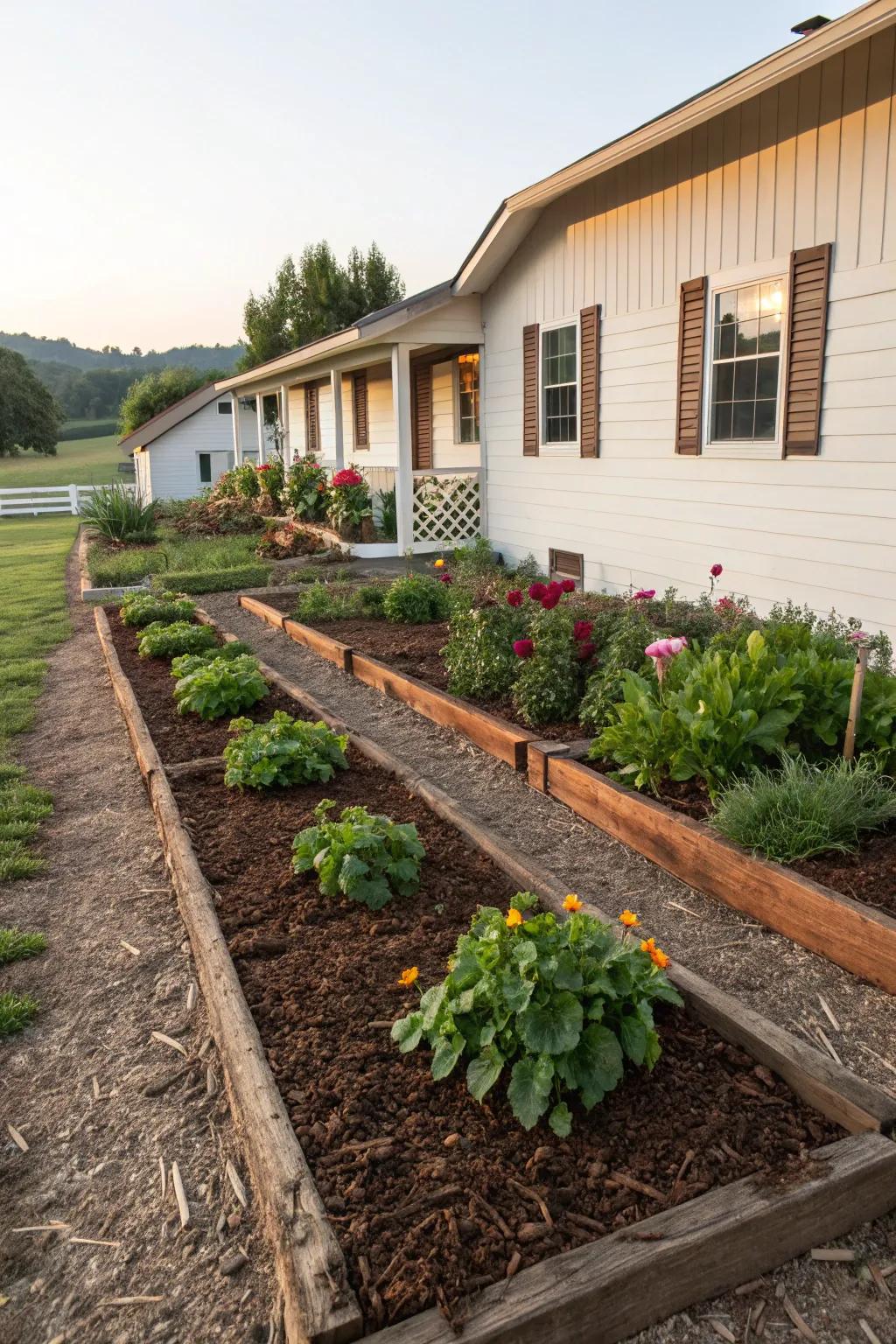 Neat and tidy garden beds with fresh mulch around a ranch-style home.