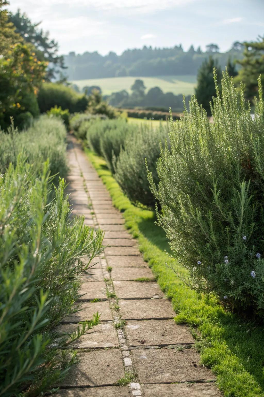 A garden pathway lined with fragrant rosemary bushes.