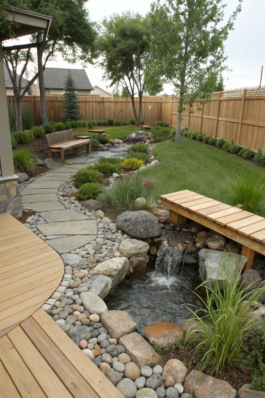 Natural elements add character and create a serene atmosphere in the yard.