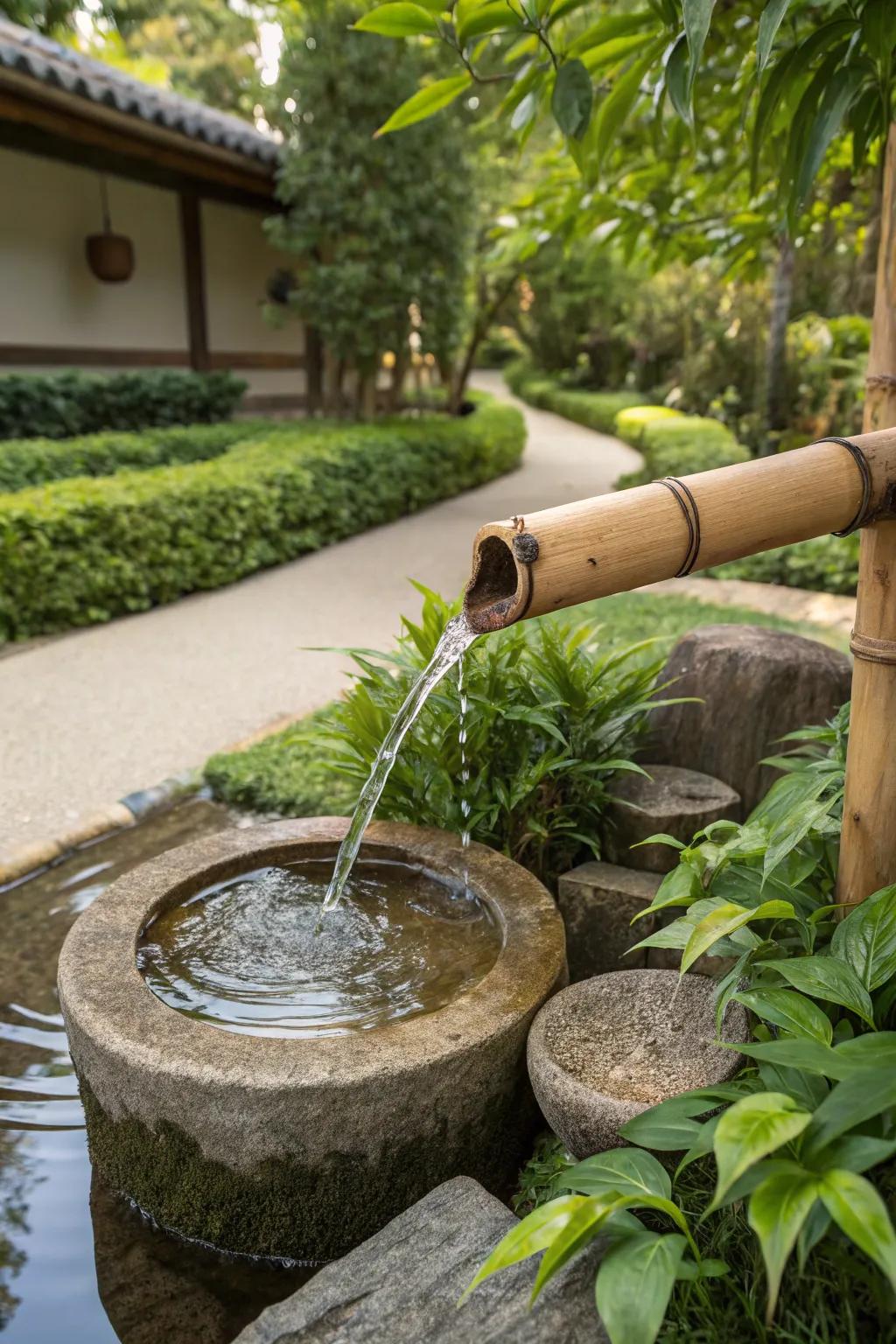 Bamboo water features add tranquil sounds to your garden oasis.
