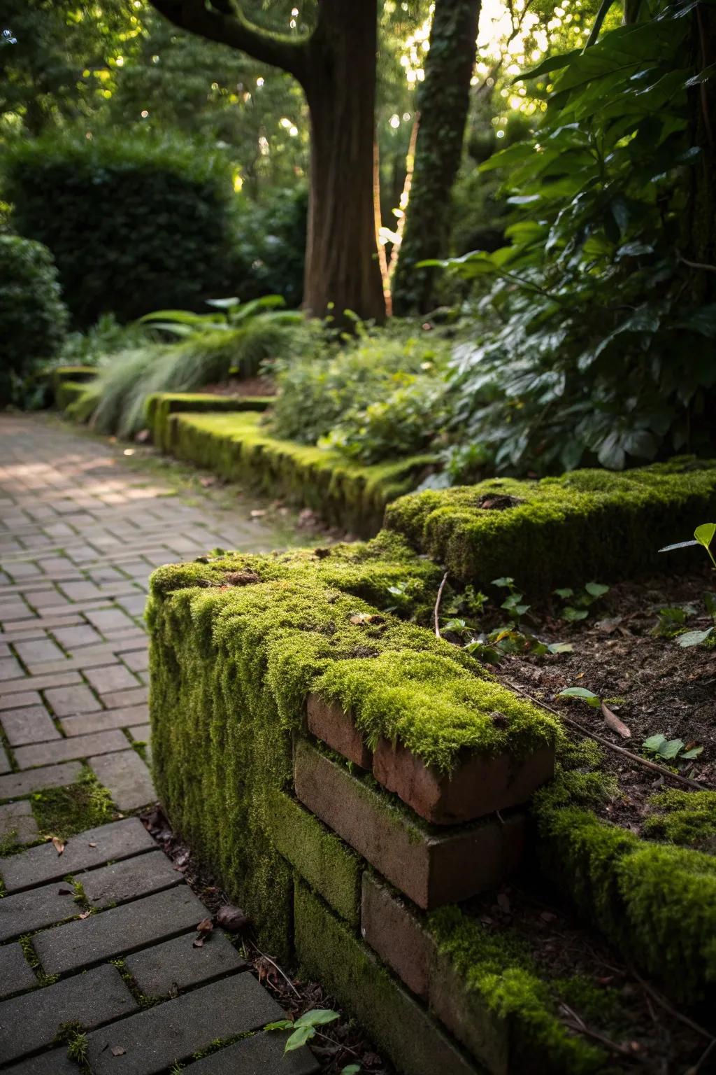 Create a serene moss garden with bricks as the perfect canvas.