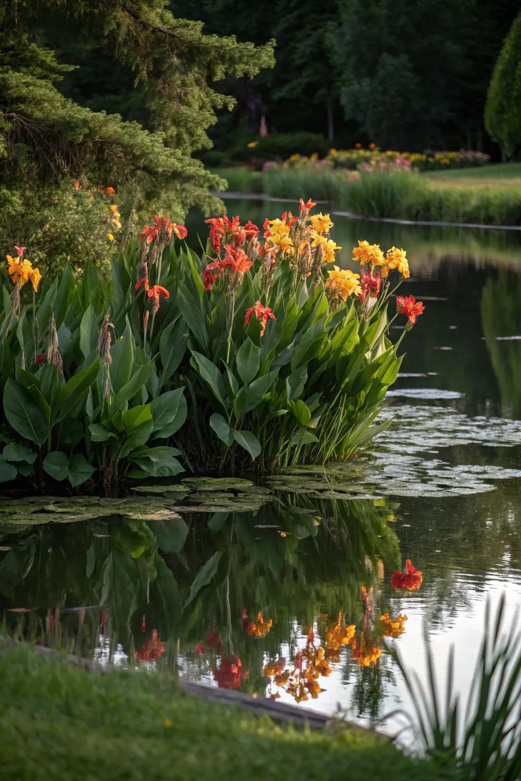 Canna lilies enhancing a pond area