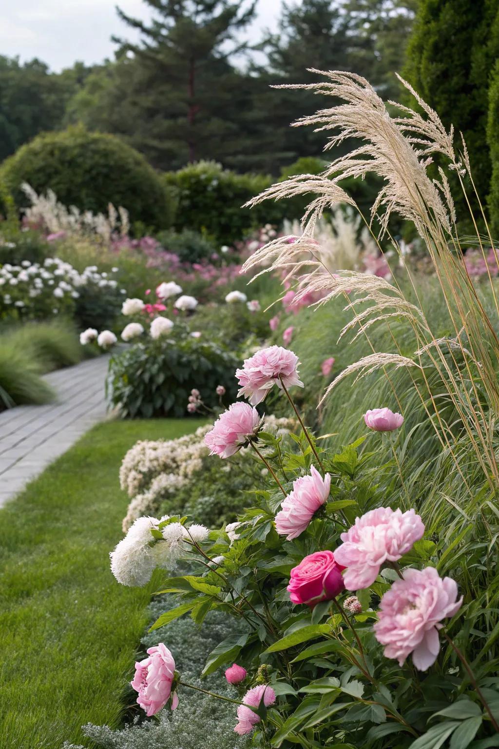 A dynamic garden area with peonies and ornamental grasses.