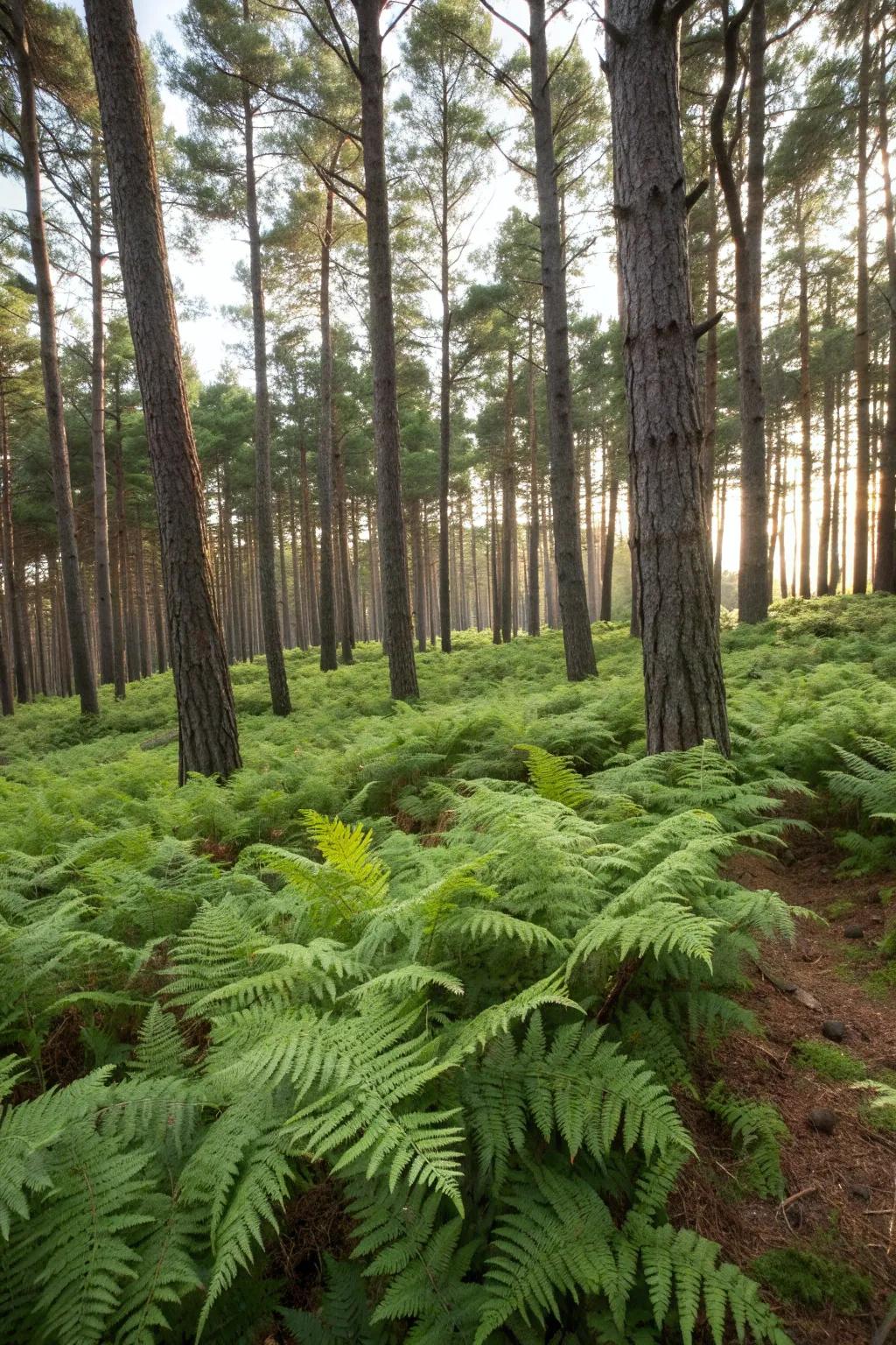 Ferns bring texture and grace to pine landscapes.