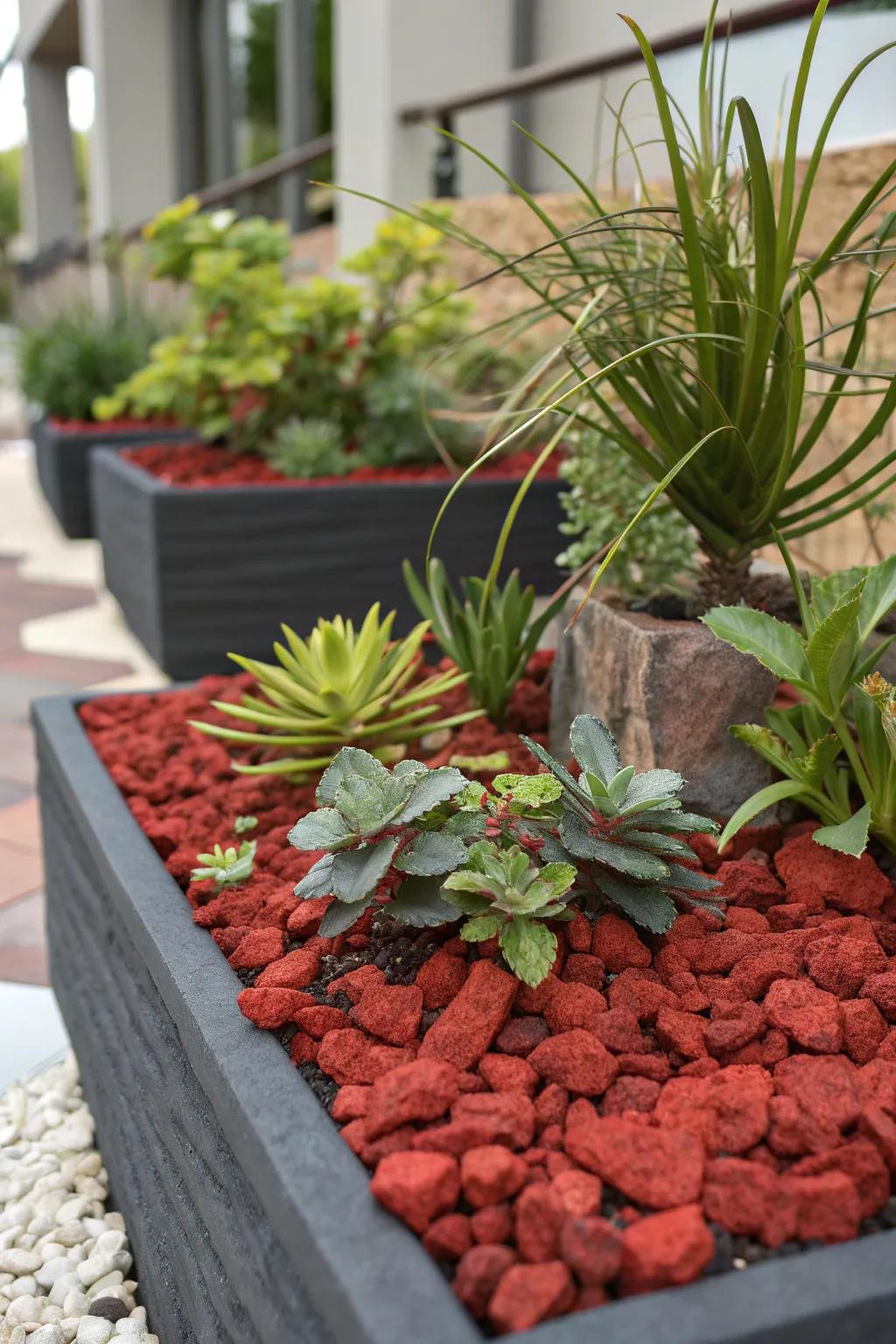 Red lava rocks in containers improve drainage and appearance.