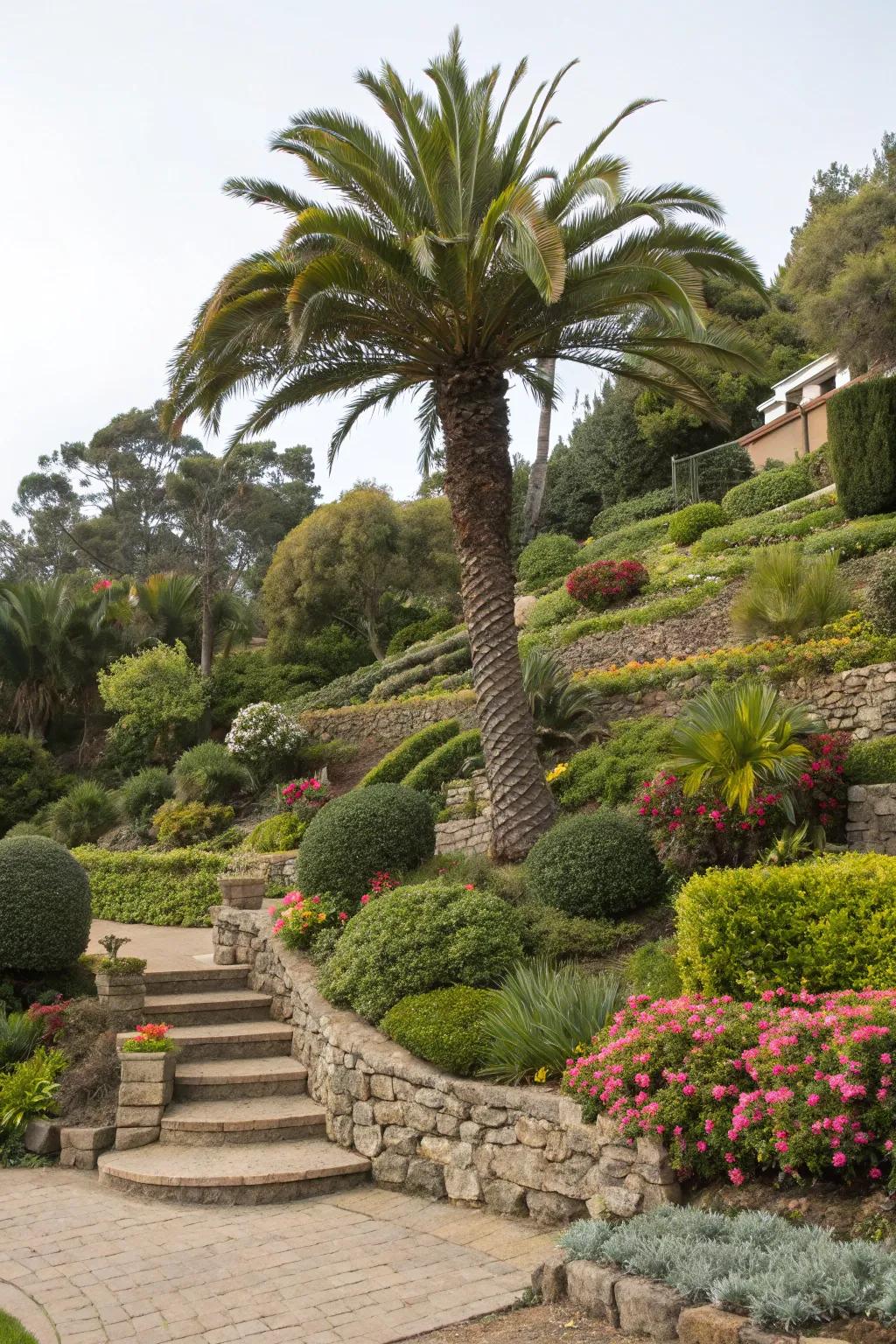 Add depth to your garden with layered plant heights around sago palms.