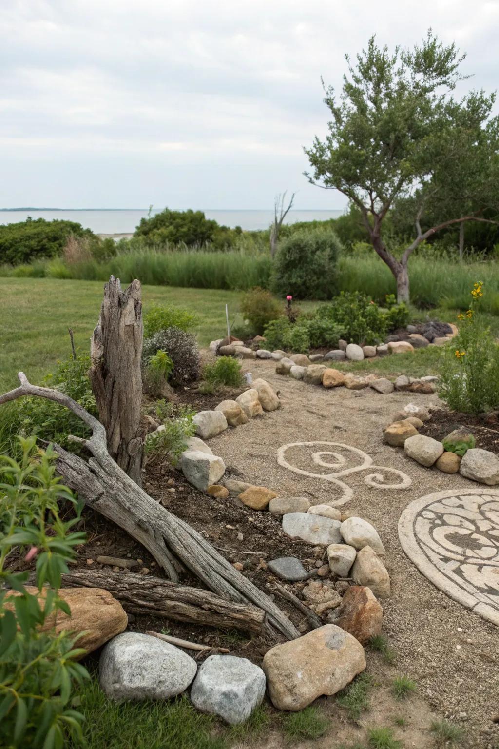 The combination of rocks and driftwood creates a stunning natural display.