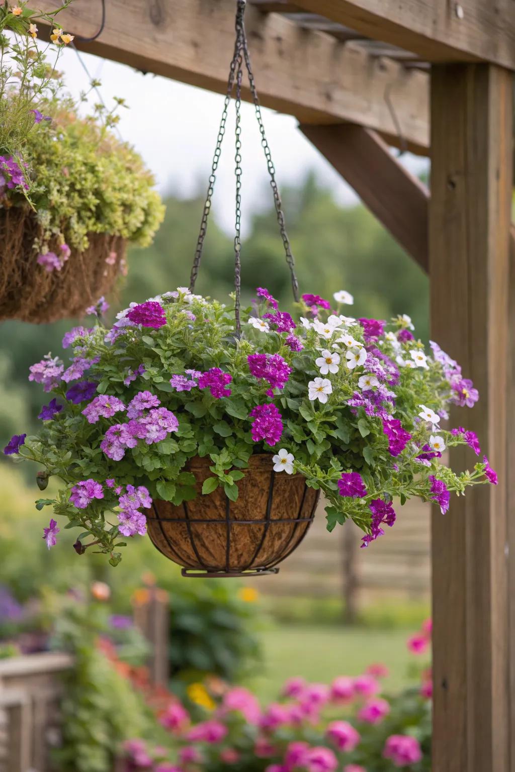 Lantana in hanging baskets offers a charming, cascading display.
