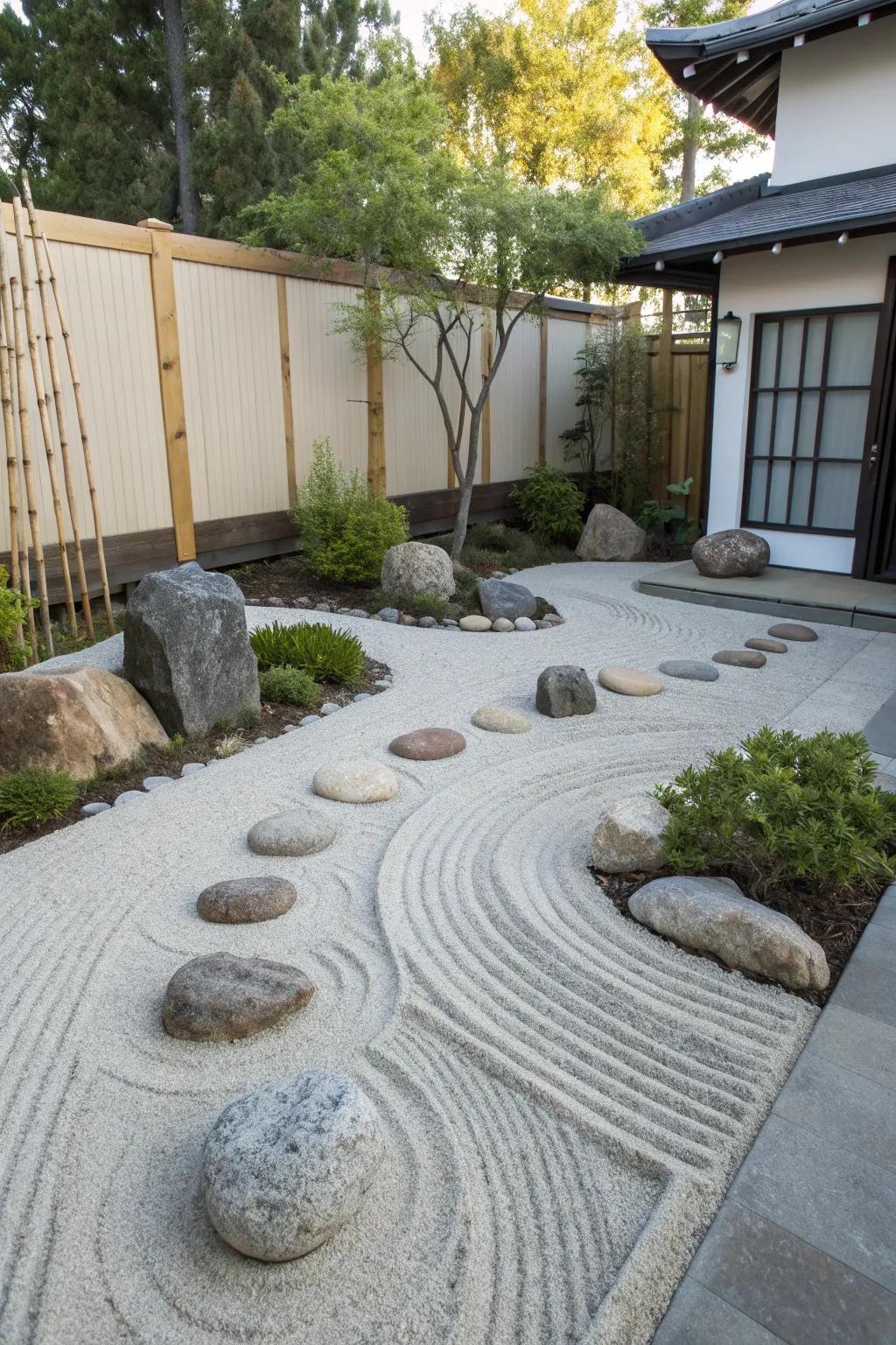 A Zen garden offers a space for meditation and peace.
