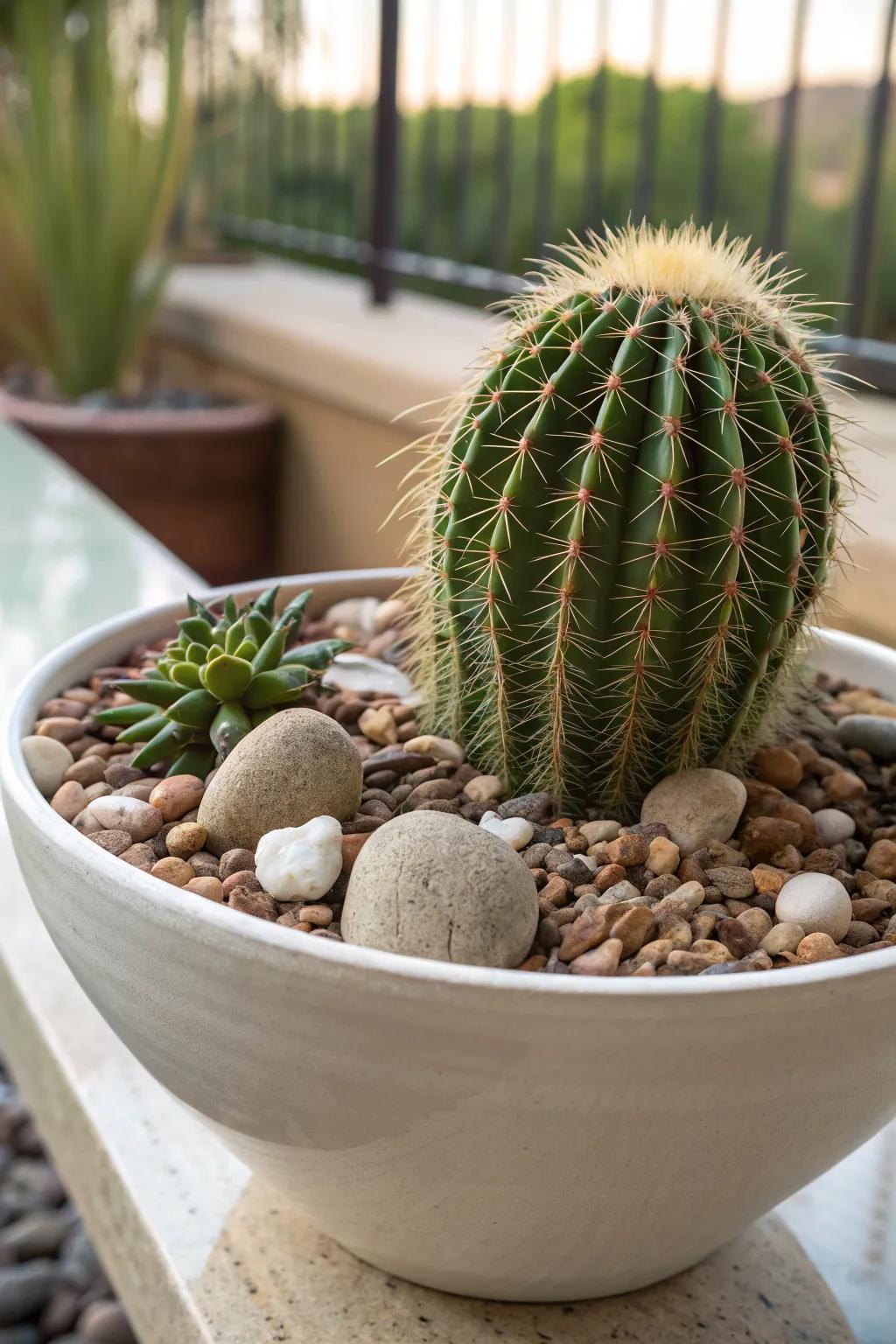 Ceramic bowls lend a calming, Zen-like ambiance to cactus arrangements.