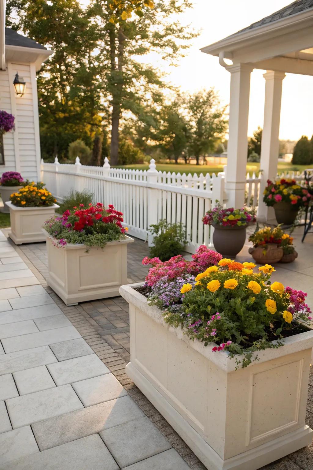 Raised planters add height and a pop of color to your patio.