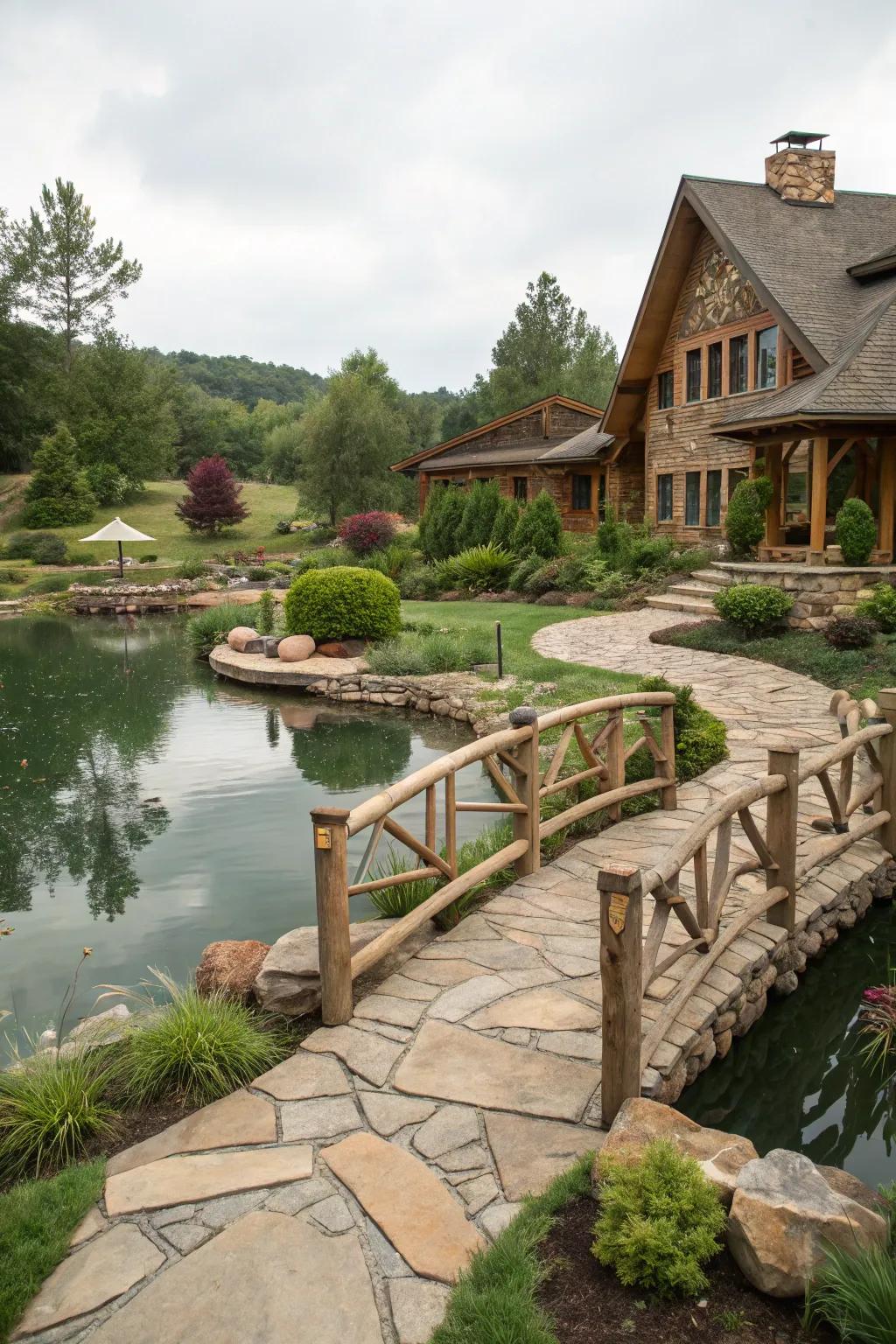 Rustic elements blend seamlessly with a large pond's surroundings.