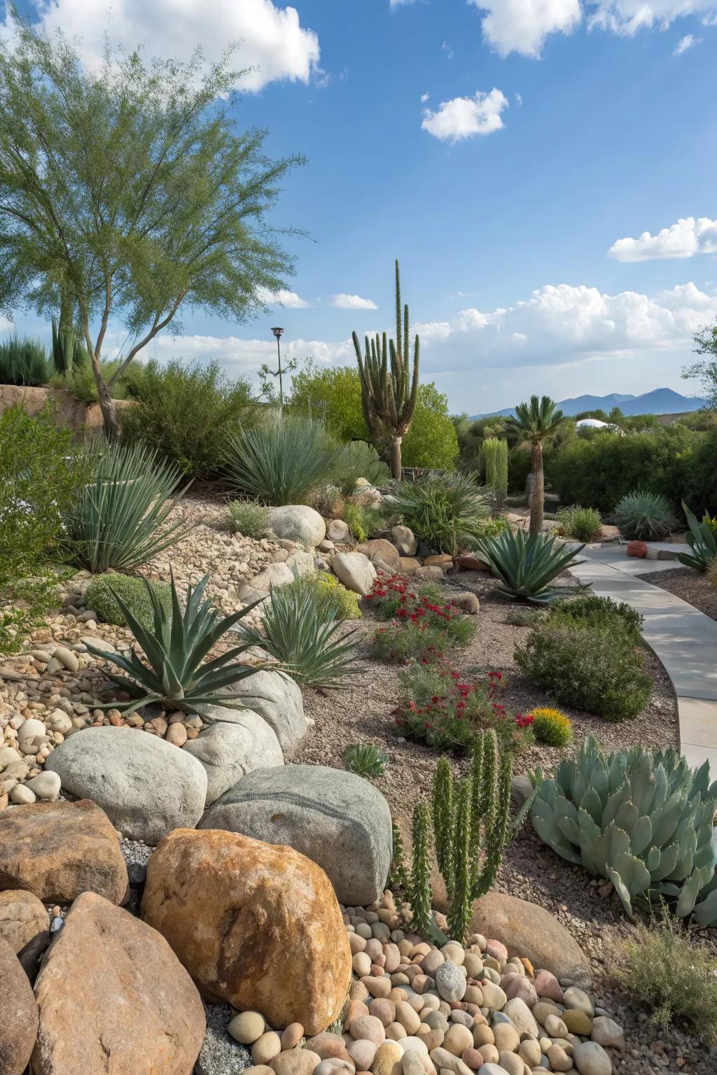 A sustainable xeriscape garden with river rocks.
