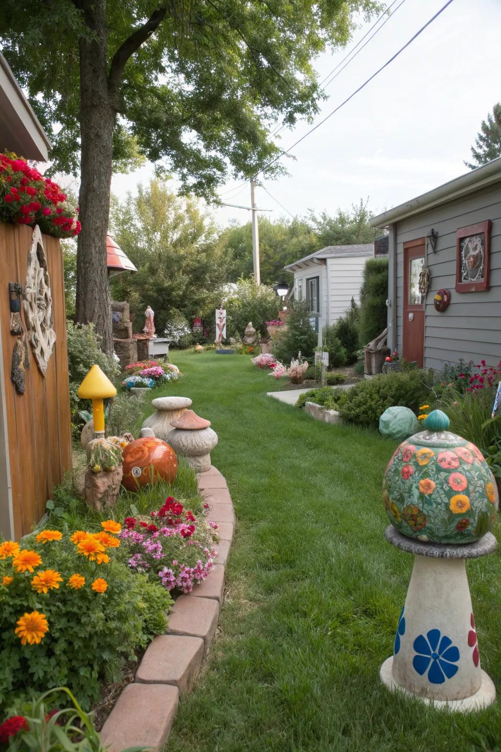 An outdoor art display personalizes your side yard with creative flair.