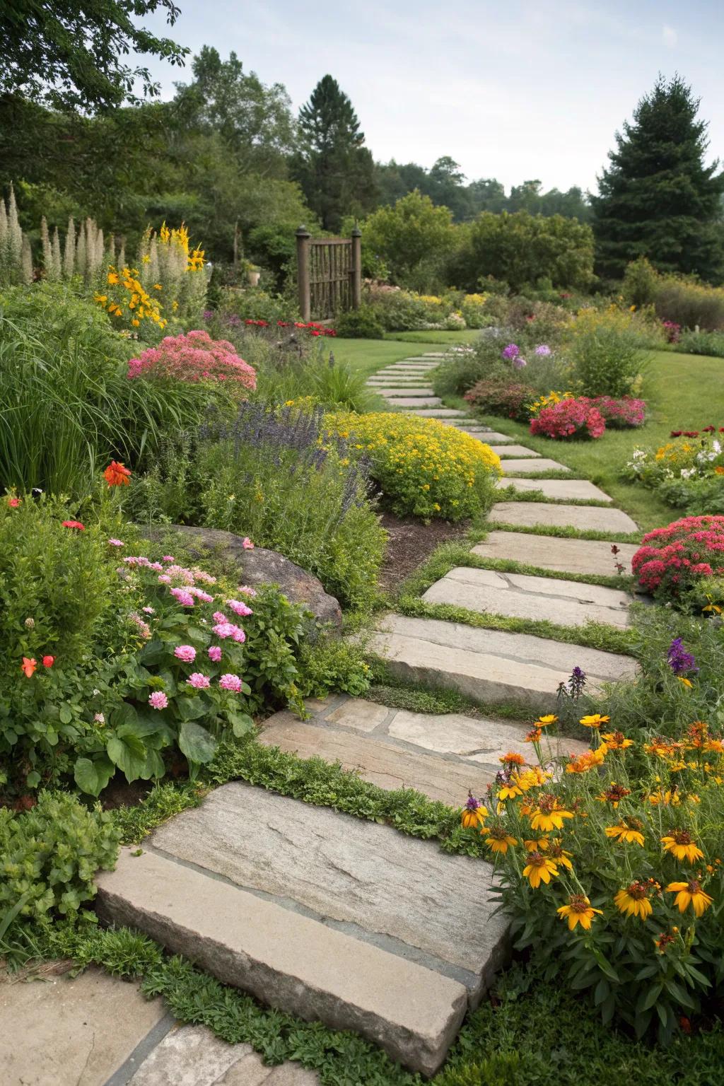 Lush plants frame the stepping stones, enhancing their beauty.