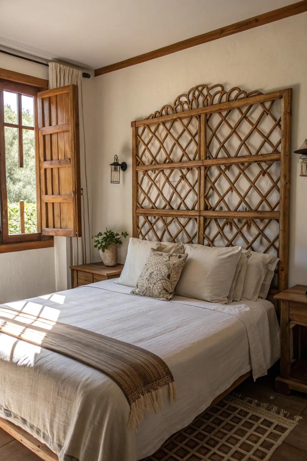 A lattice headboard brings a touch of rustic elegance to the bedroom.