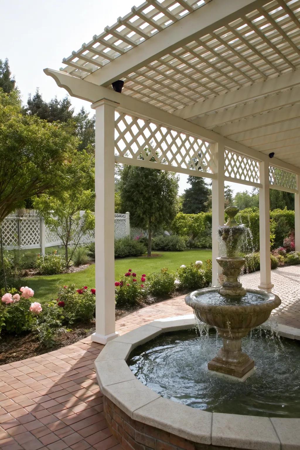 Enhance tranquility with a water feature under your lattice cover.