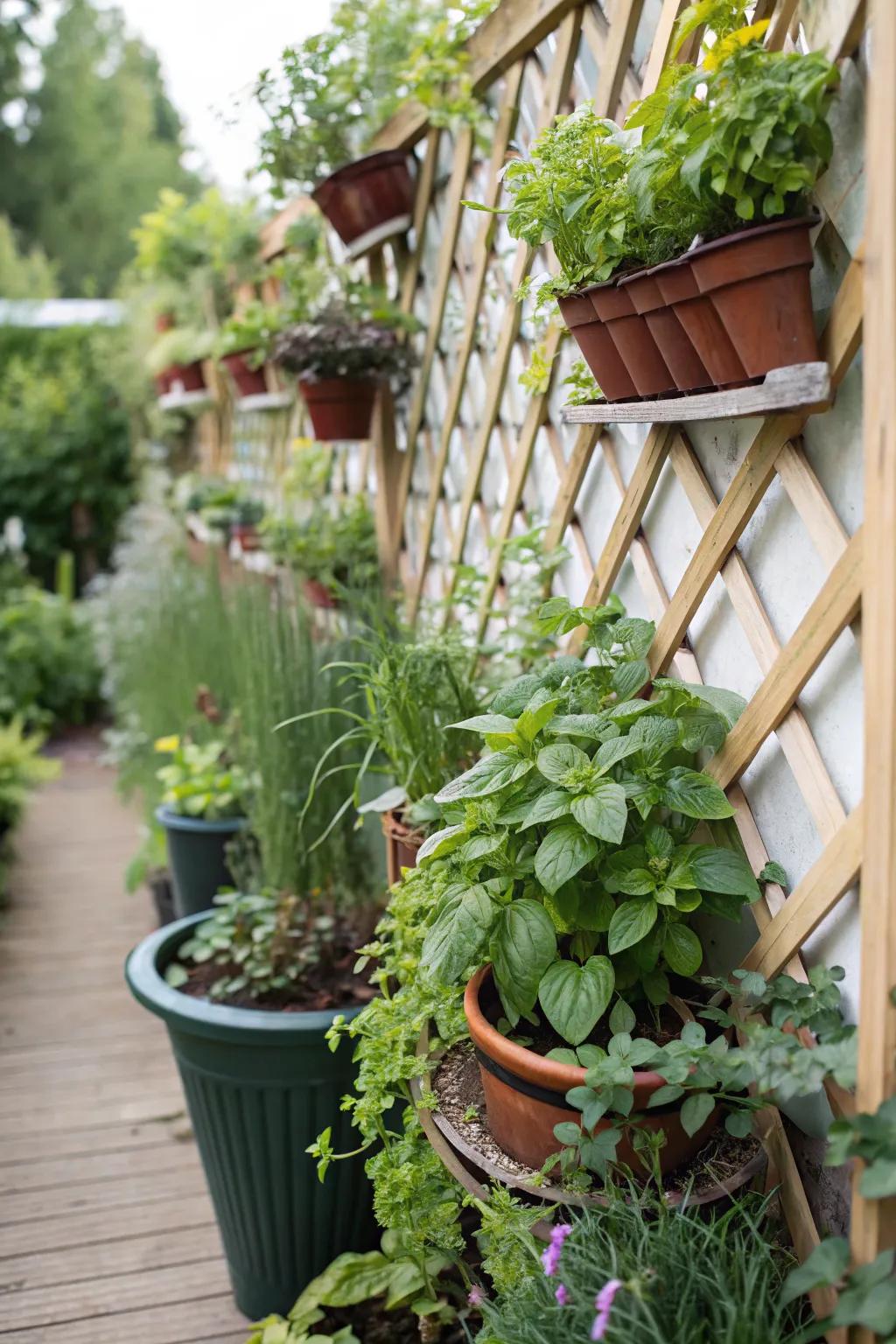 A lush vertical garden utilizing lattice to maximize green space.