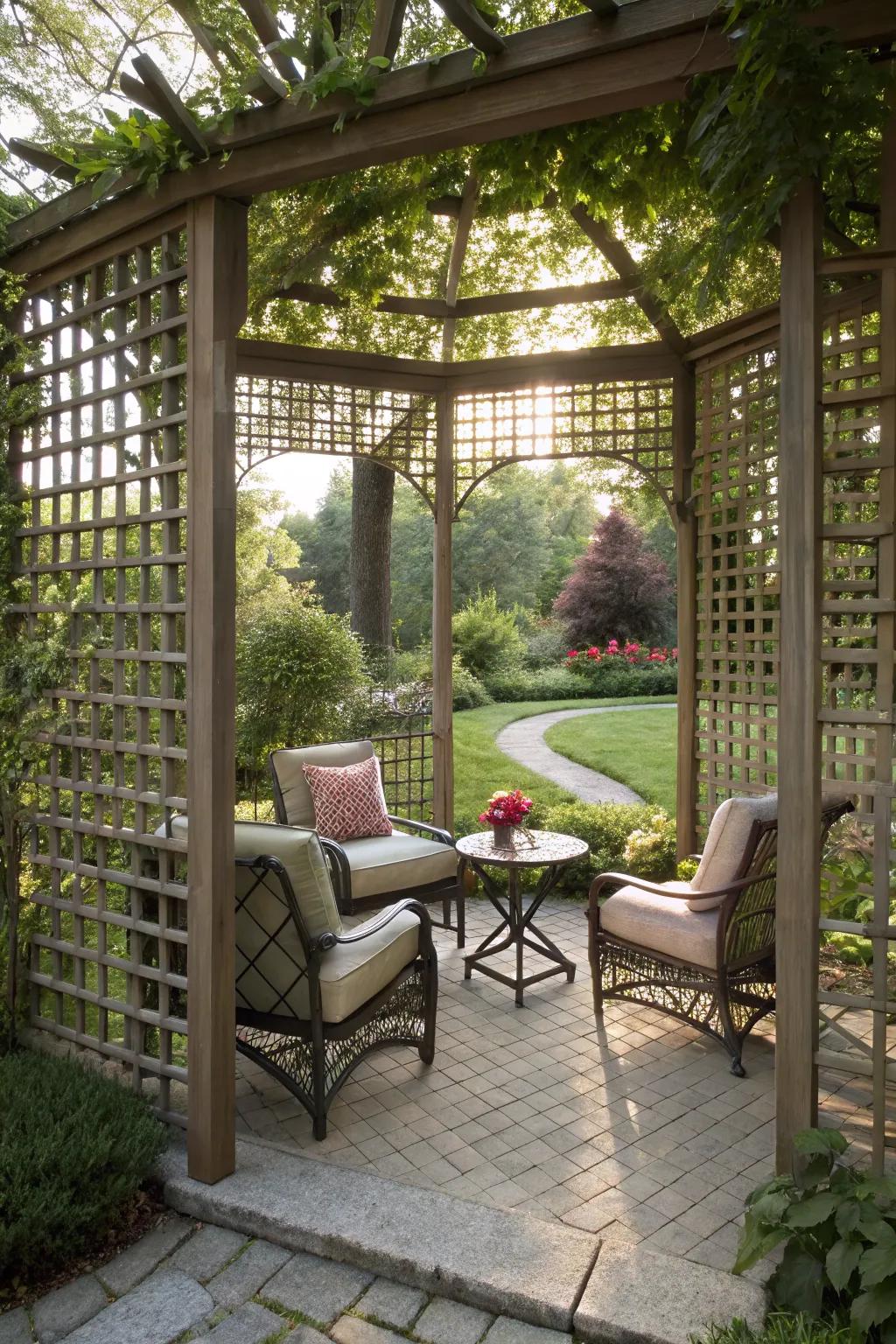 Lattice panels create a cozy, private garden retreat.