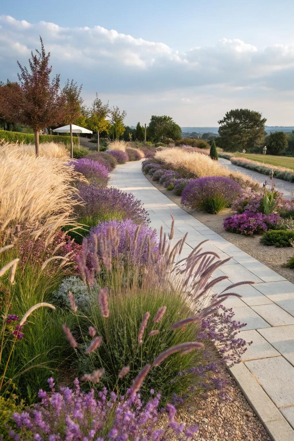 Lavender and ornamental grasses create a textured garden landscape.