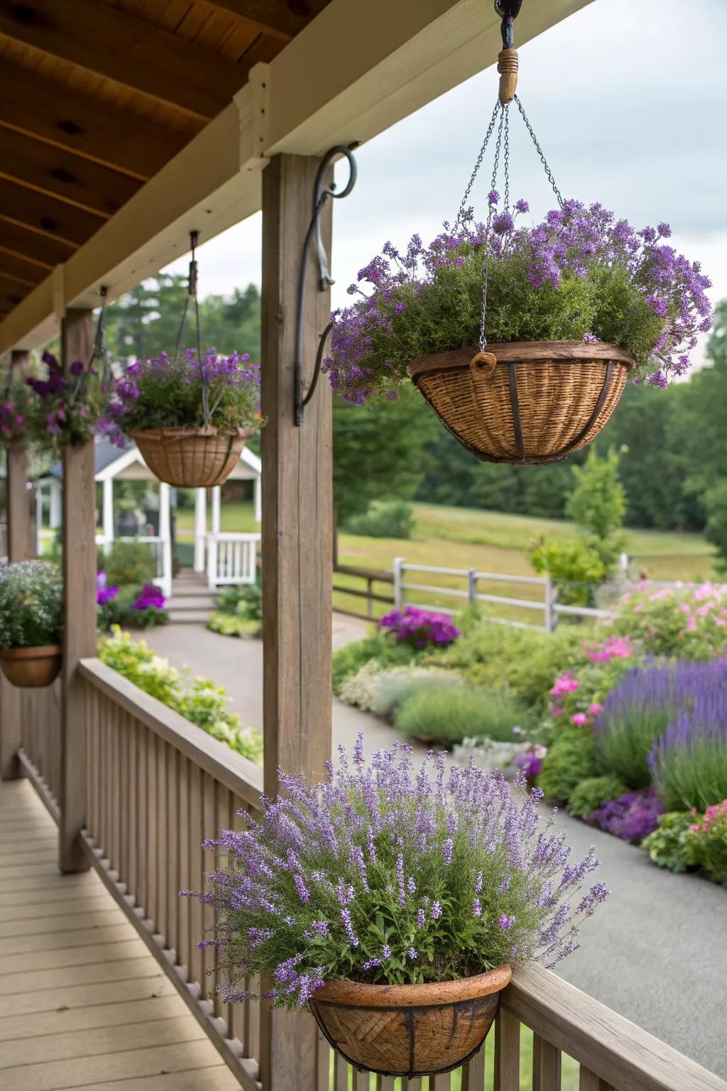 Lavender hanging baskets creating vertical interest.