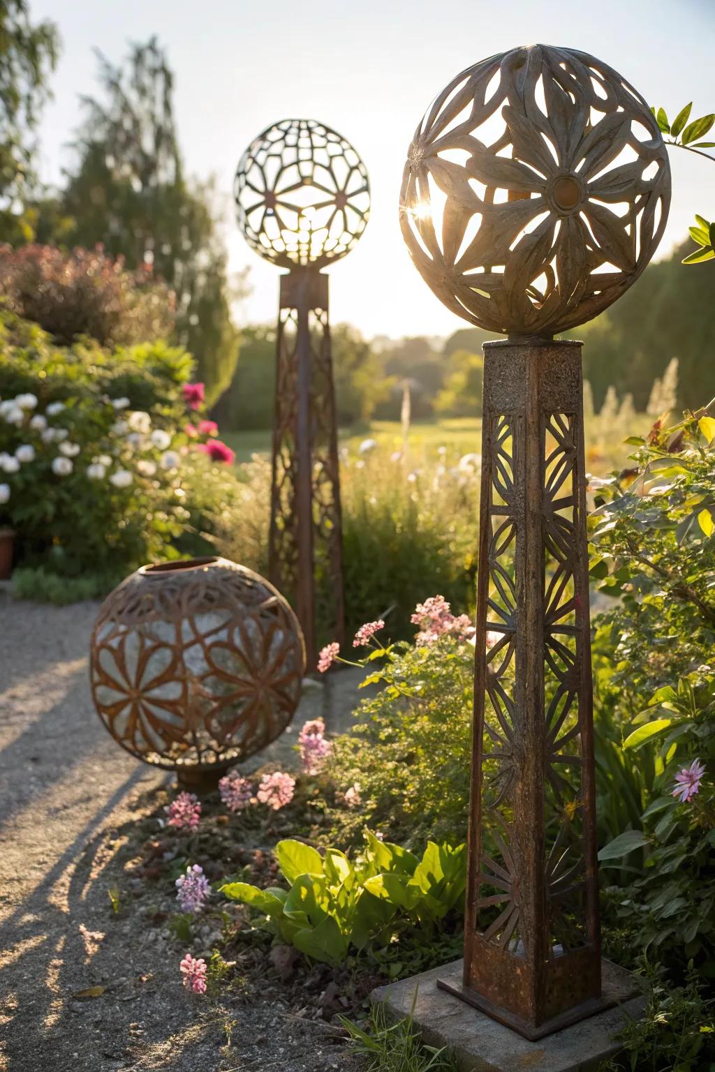 Enhance modernity with rustic metal sculptures.