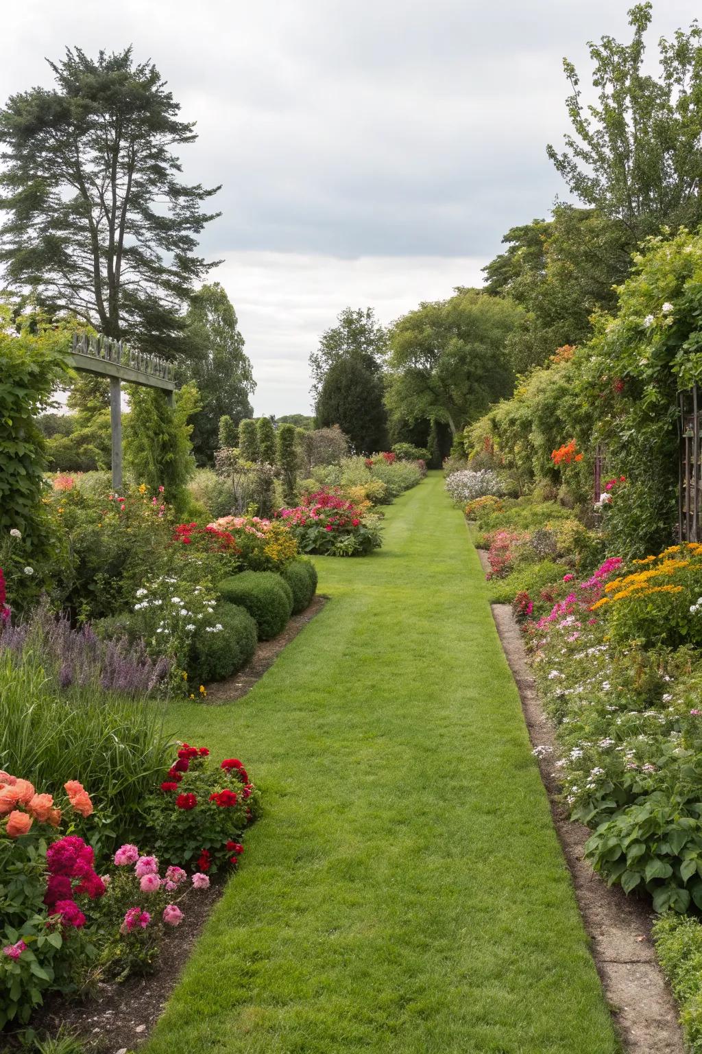 Lawn areas balanced with plant borders enhance the garden's beauty.