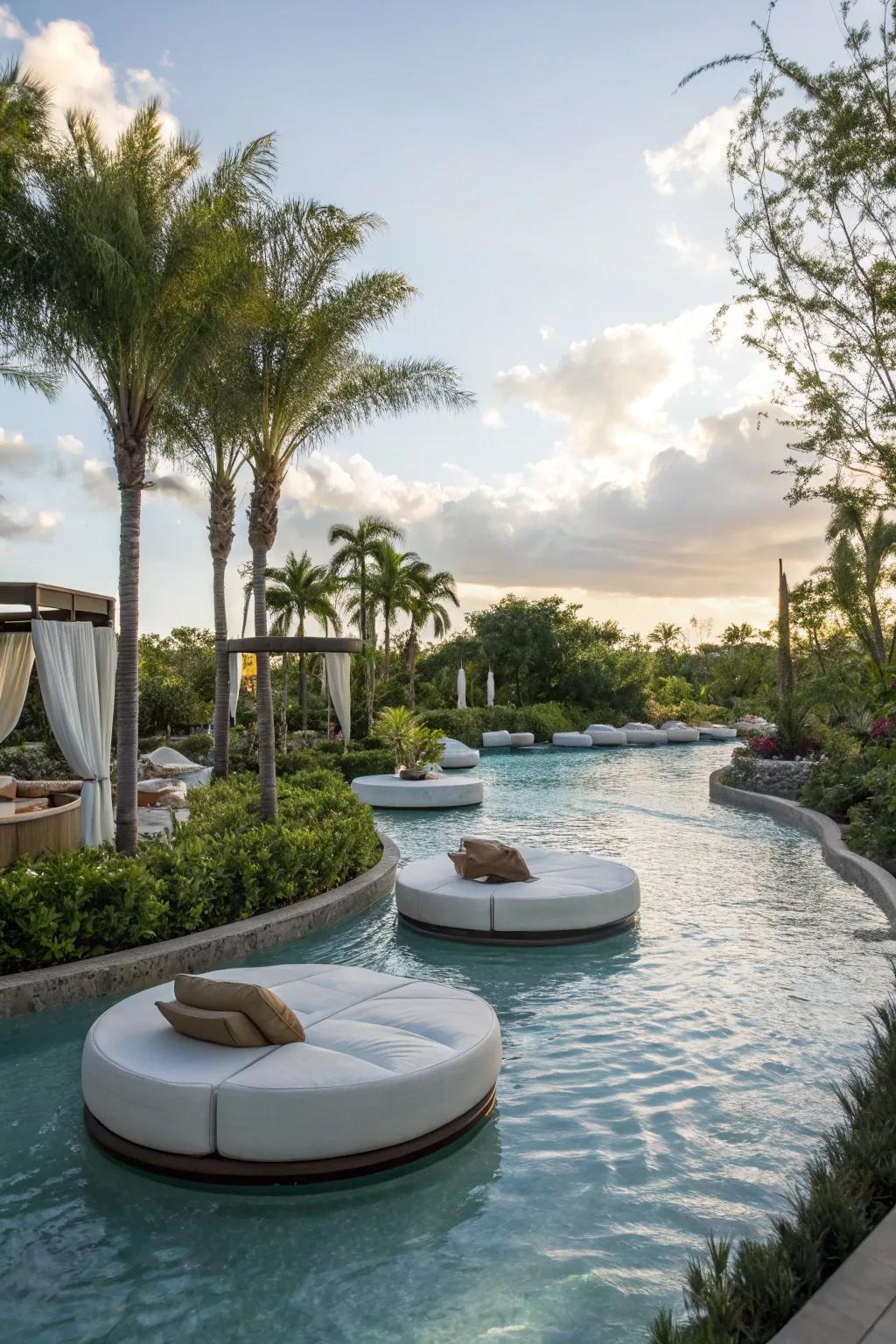 A lazy river pool with relaxing floating lounges, providing a luxurious and comfortable experience.