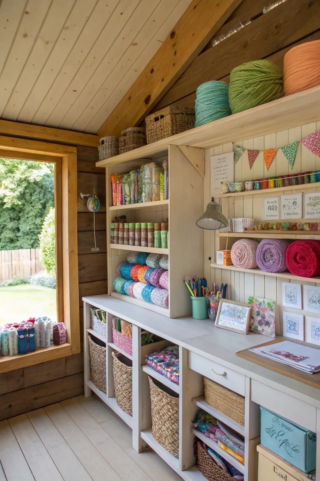 A lean-to shed transformed into a vibrant craft room.