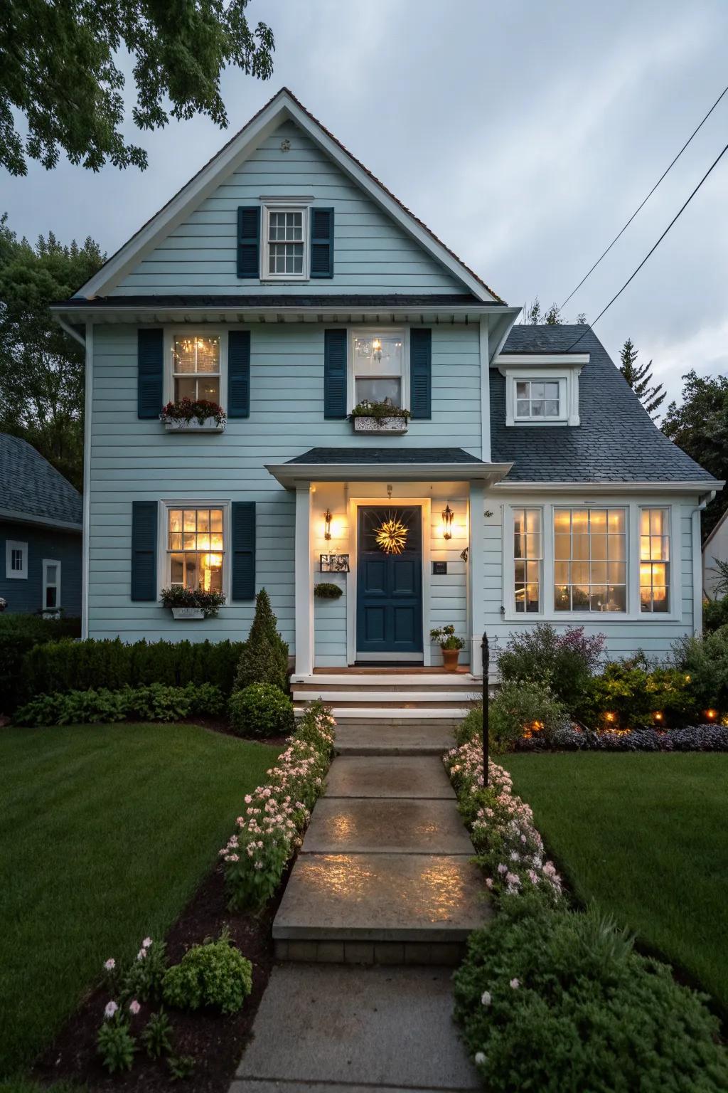 A navy door creates a harmonious monochrome effect.