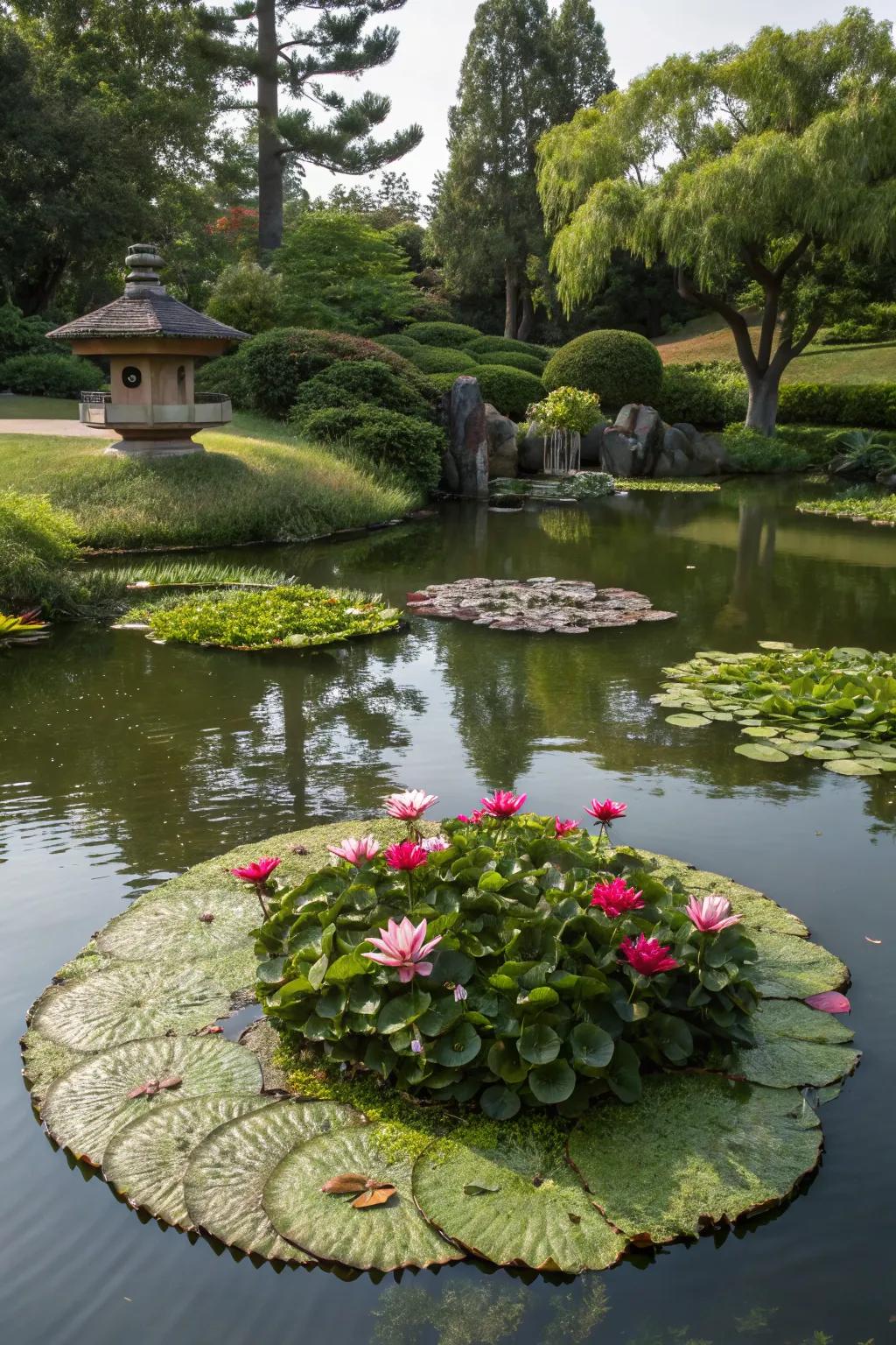 A lily island creating a garden focal point.