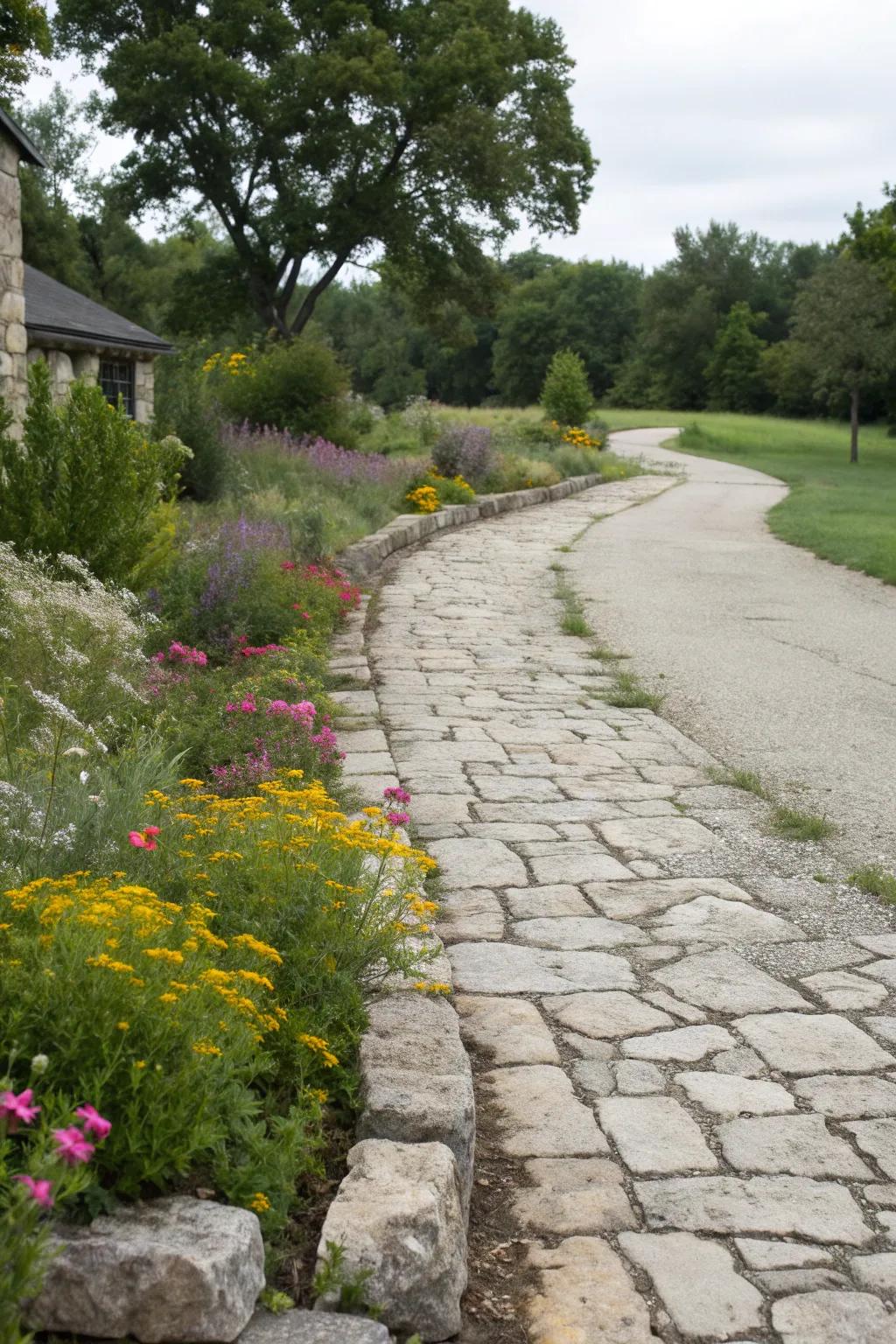 A rustic limestone driveway with a natural, country-style charm.