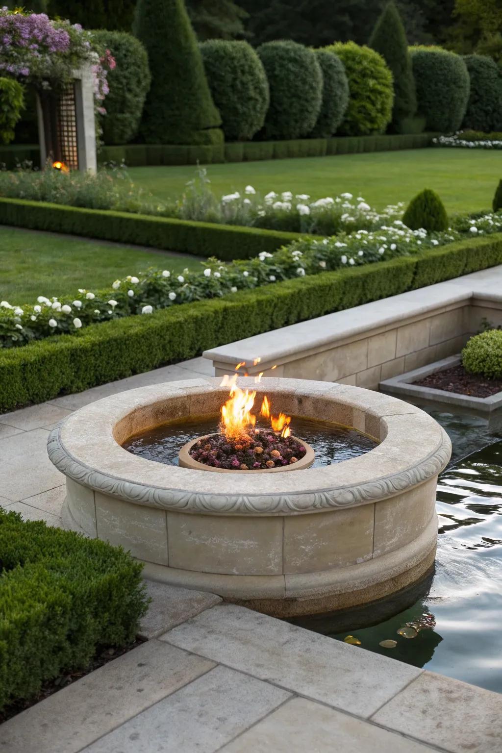 Combine fire and water for a dramatic outdoor effect.