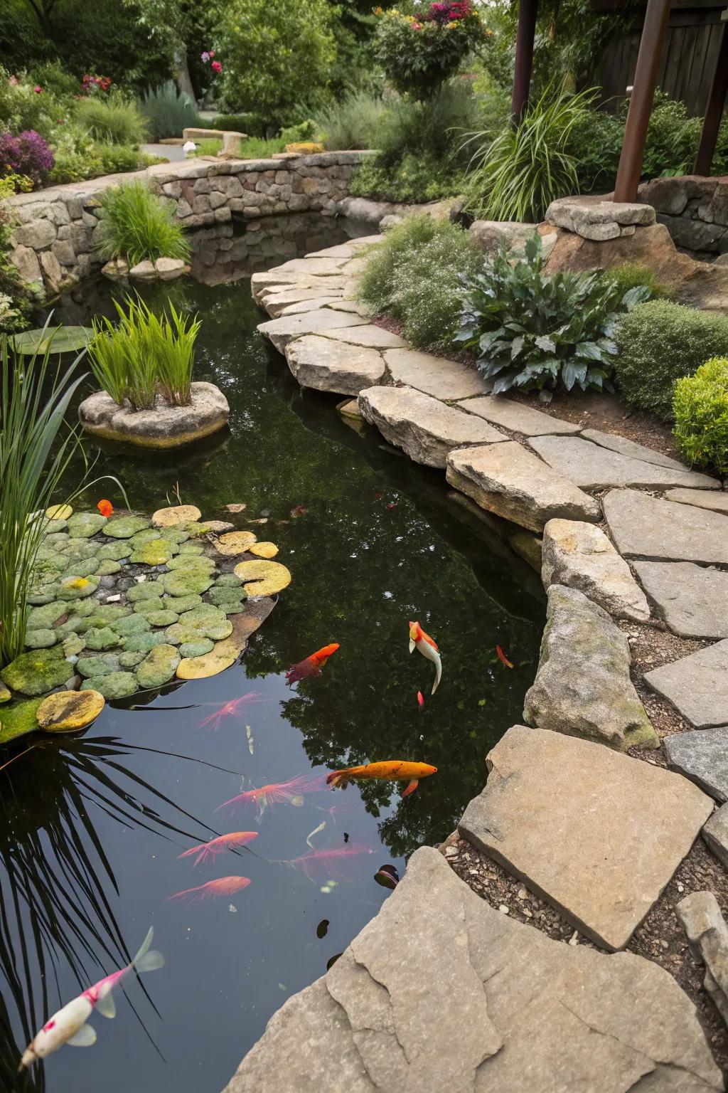 A limestone-edged pond creates a striking focal point.