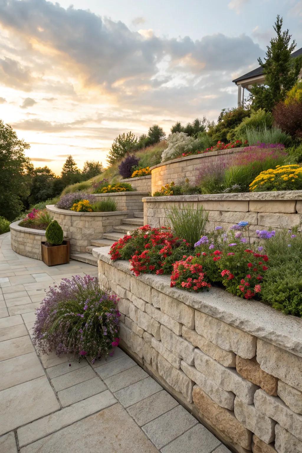 Integrate planters into limestone walls for lush displays.