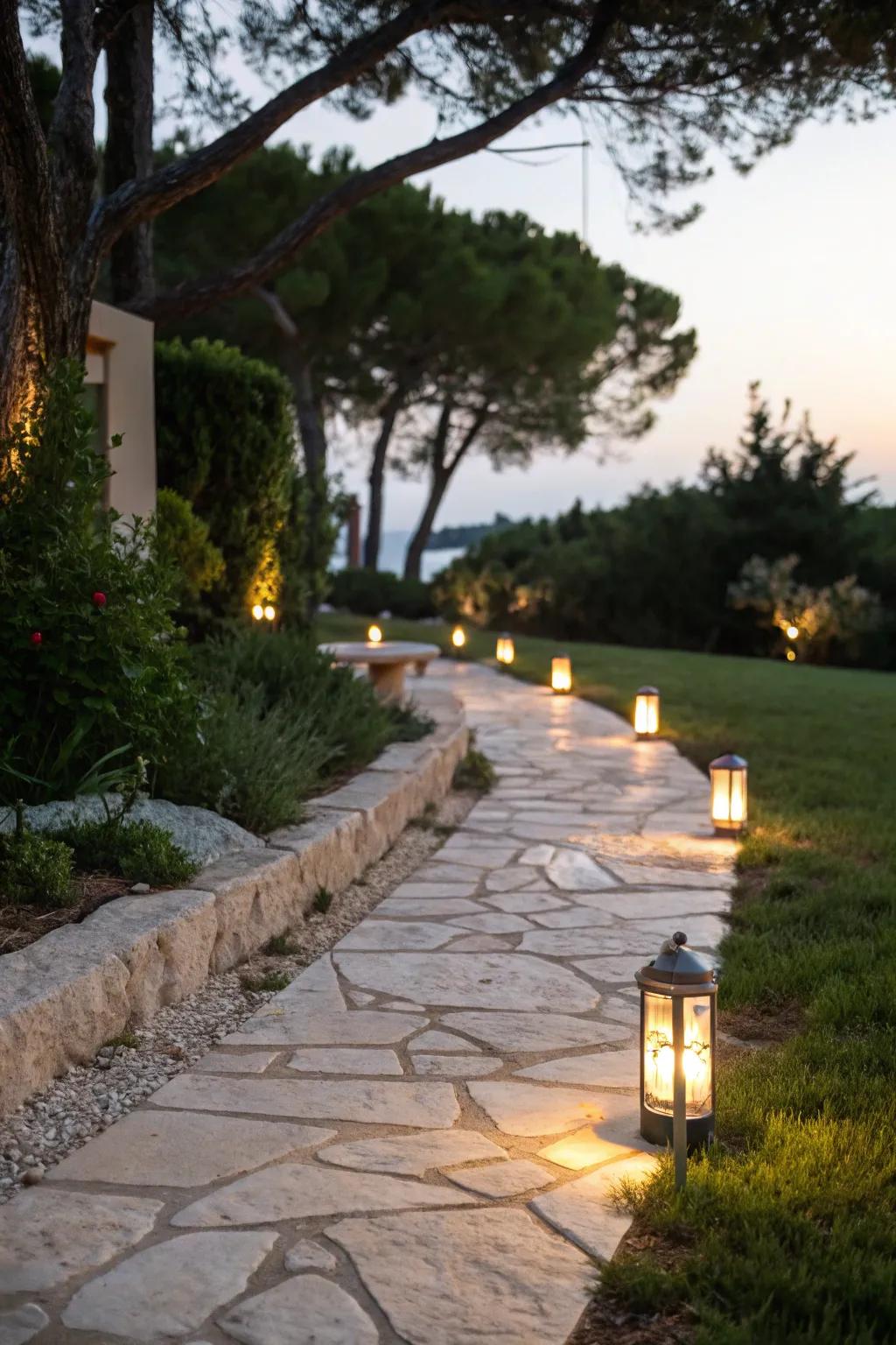 Limestone path softly illuminated by garden lights.