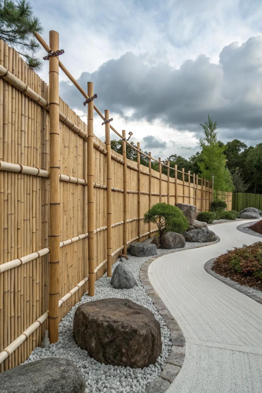 An Asian-inspired bamboo fence adding cultural elegance to a zen garden.